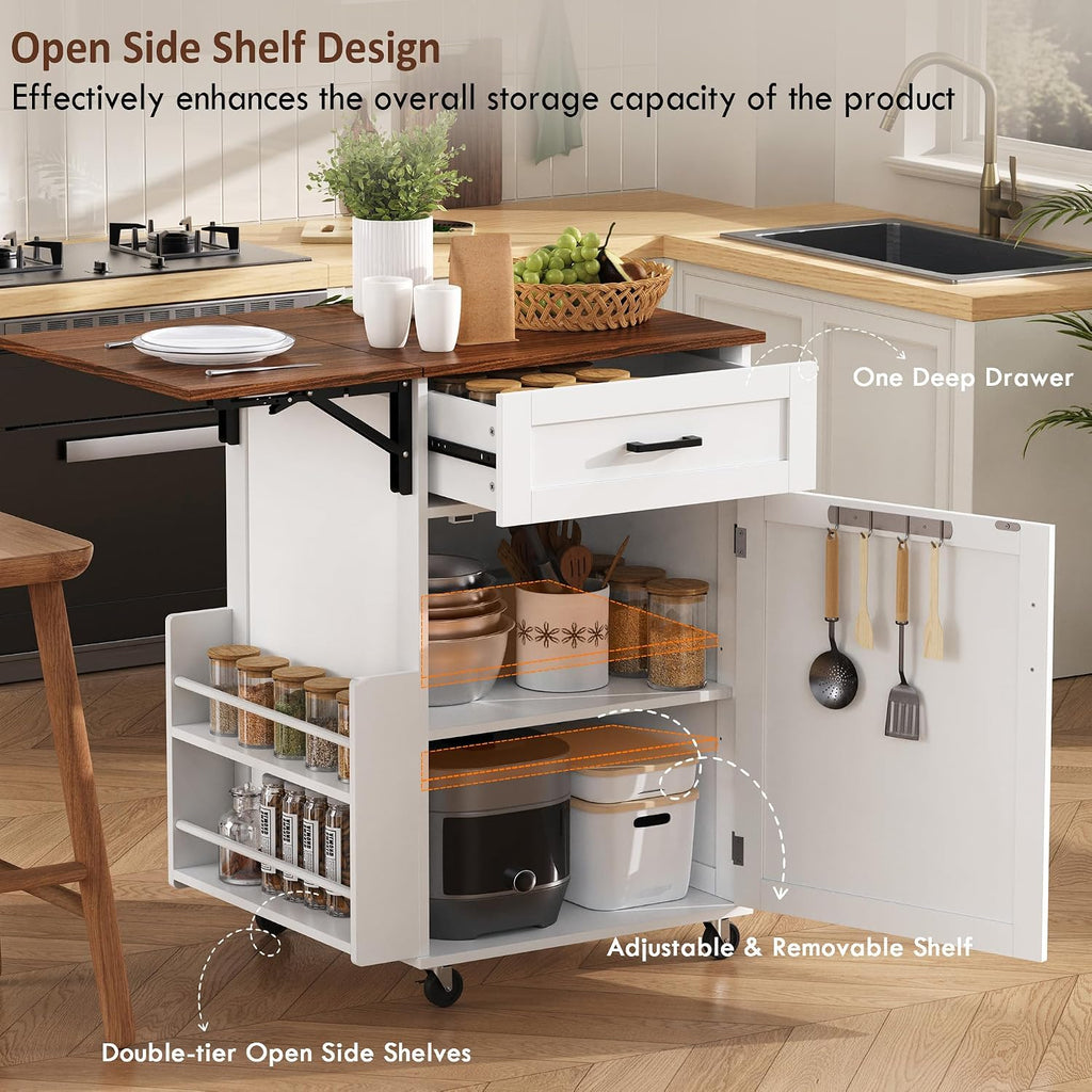 39.3"Farmhouse Kitchen Island with Open Side Rack and Drop Leaf and,Small Kitchen Rolling Cart with Drawer and Storage Cabinet, Narrow Mobile Dining Table with Lockable Wheels and Towel Rack White