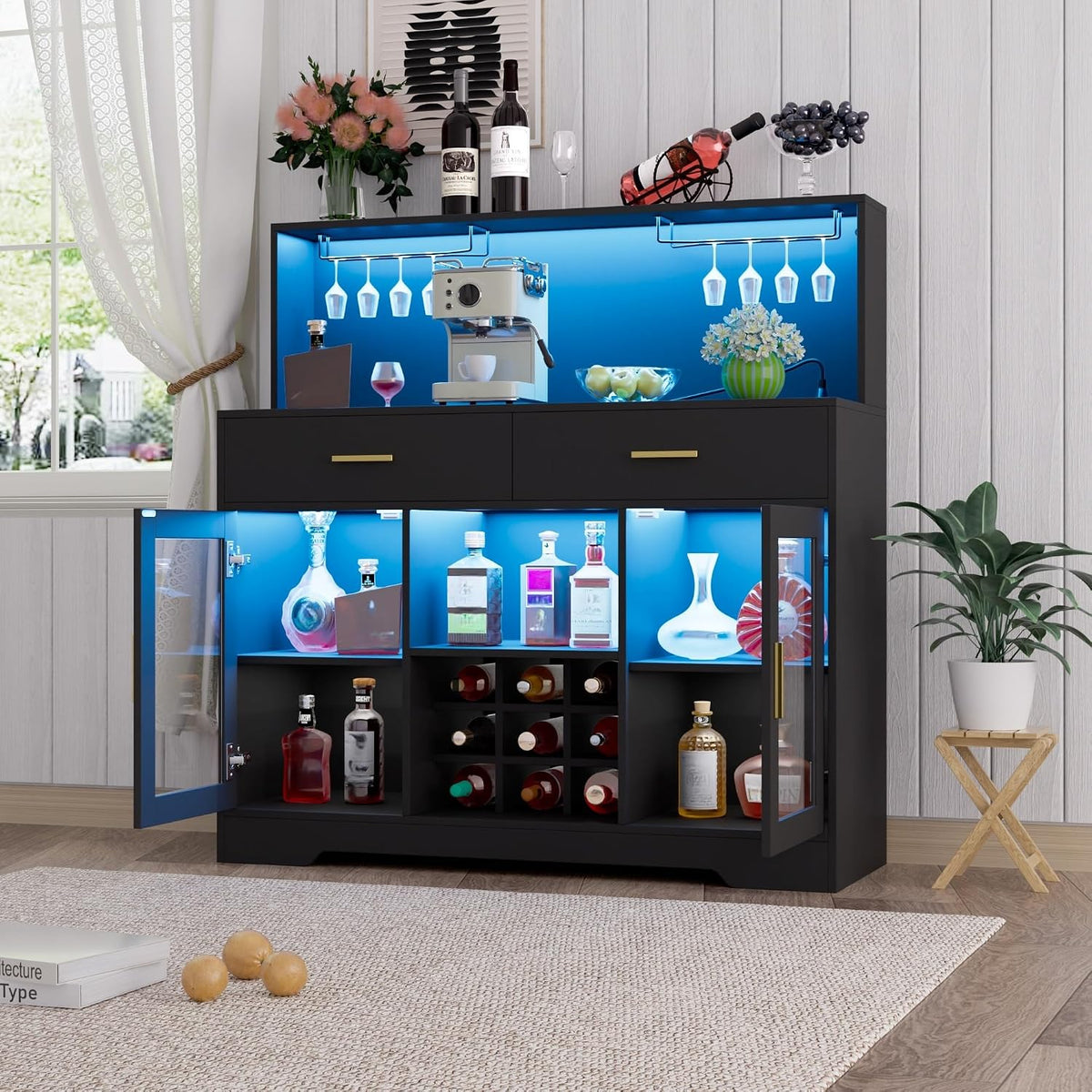 Wine Bar Cabinet with LED Lights, Liquor Cabinet for Home, Coffee Bar Cabinet with Wine Rack and Glass Holder, Black Home Bar Cabinets, Kitchen Buffet Sideboard for Living Room, Dining Room
