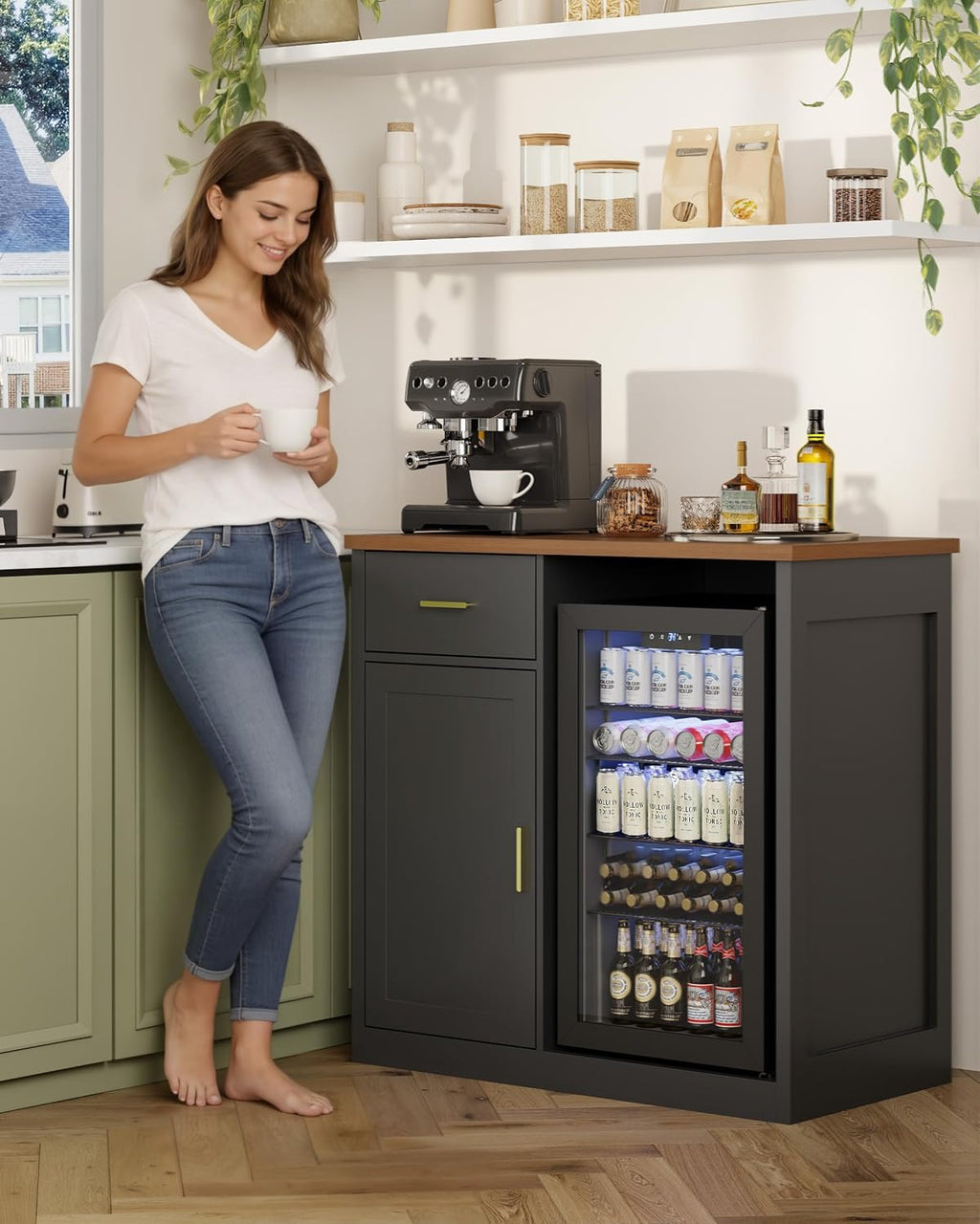 Mini Fridge Cabinet, Coffee Bar Cabinet with Fridge Space (Not Included)