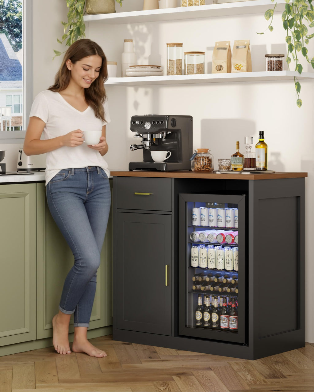 Mini Fridge Cabinet, Coffee Bar Cabinet with Fridge Space (Not Included)