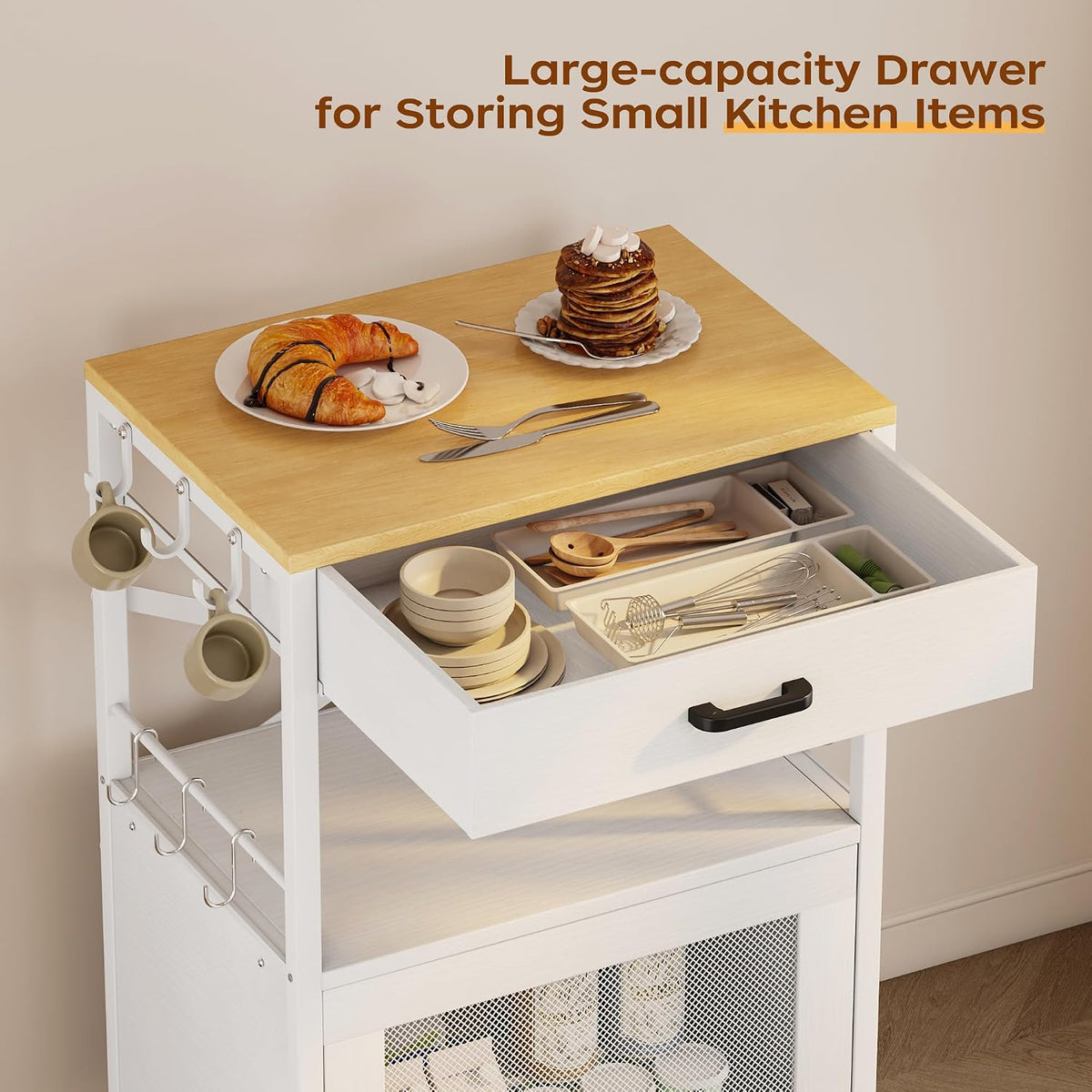 Homeiju Kitchen Island Cart, Kitchen Storage Cart with Drawer, Microwaves Stand, Coffee Cart, Rolling Kitchen Cabinet Cart with Hooks for Kitchen, Dining Room, White