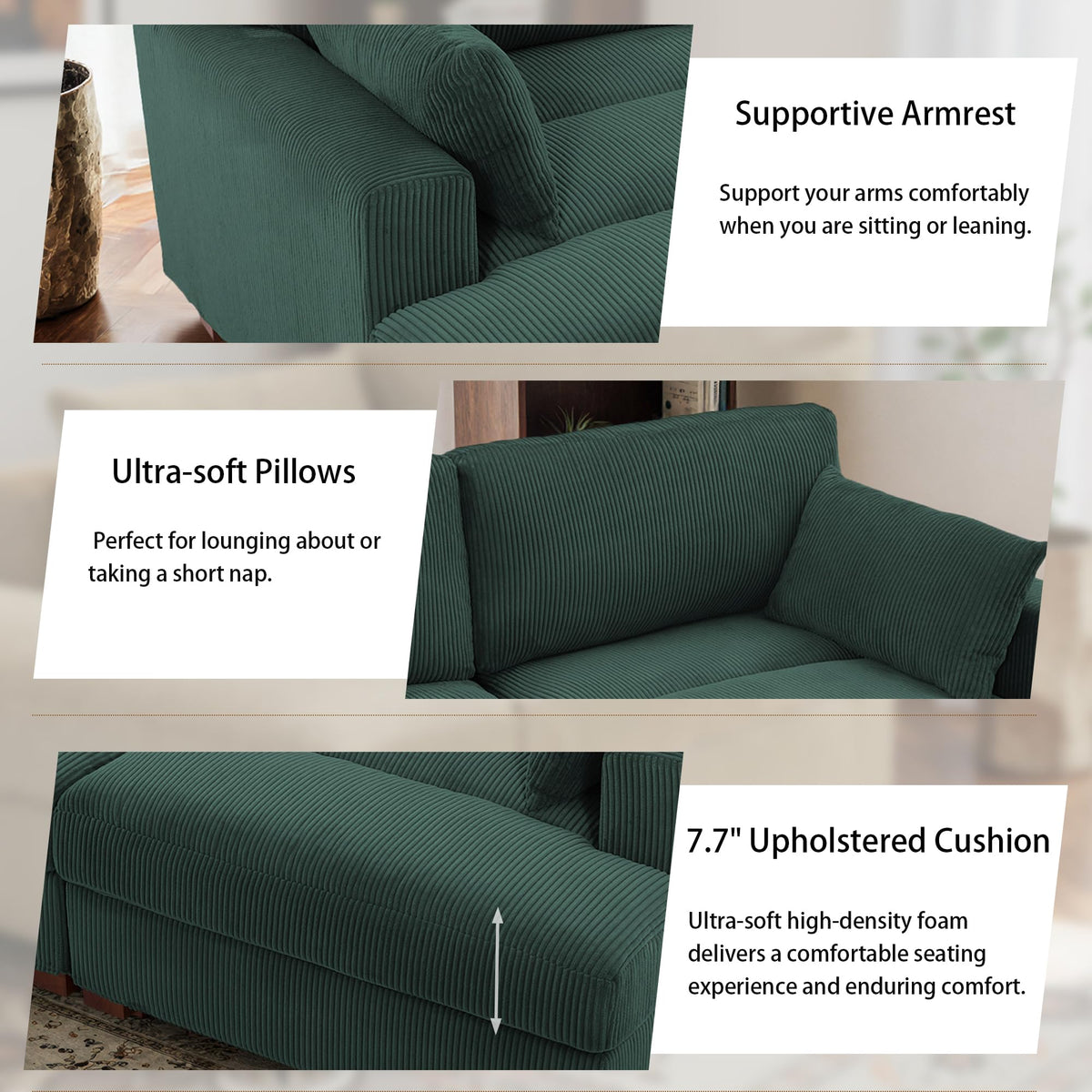 Oversized Corduroy Chaise Lounge Chair with Right Armrest & Cushion, Comfy Upholstered Sleeper Sofa Indoor Recliner Seat Solid Wood Couch w/Washable Cover for Bedroom, Living Room - Orange
