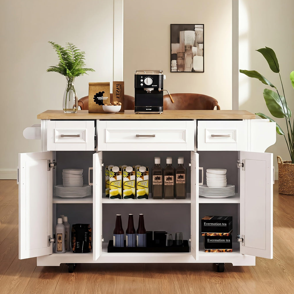 Large Kitchen Island with Rubber Wood Drop Leaf and Silver Handle