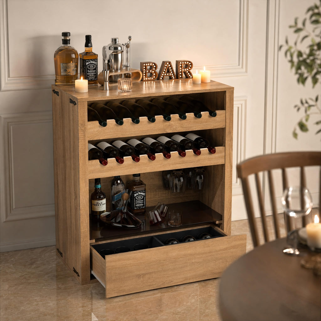 Liquor Cabinet with Wine Rack & Stemmed Holder & Drawer, Walnut