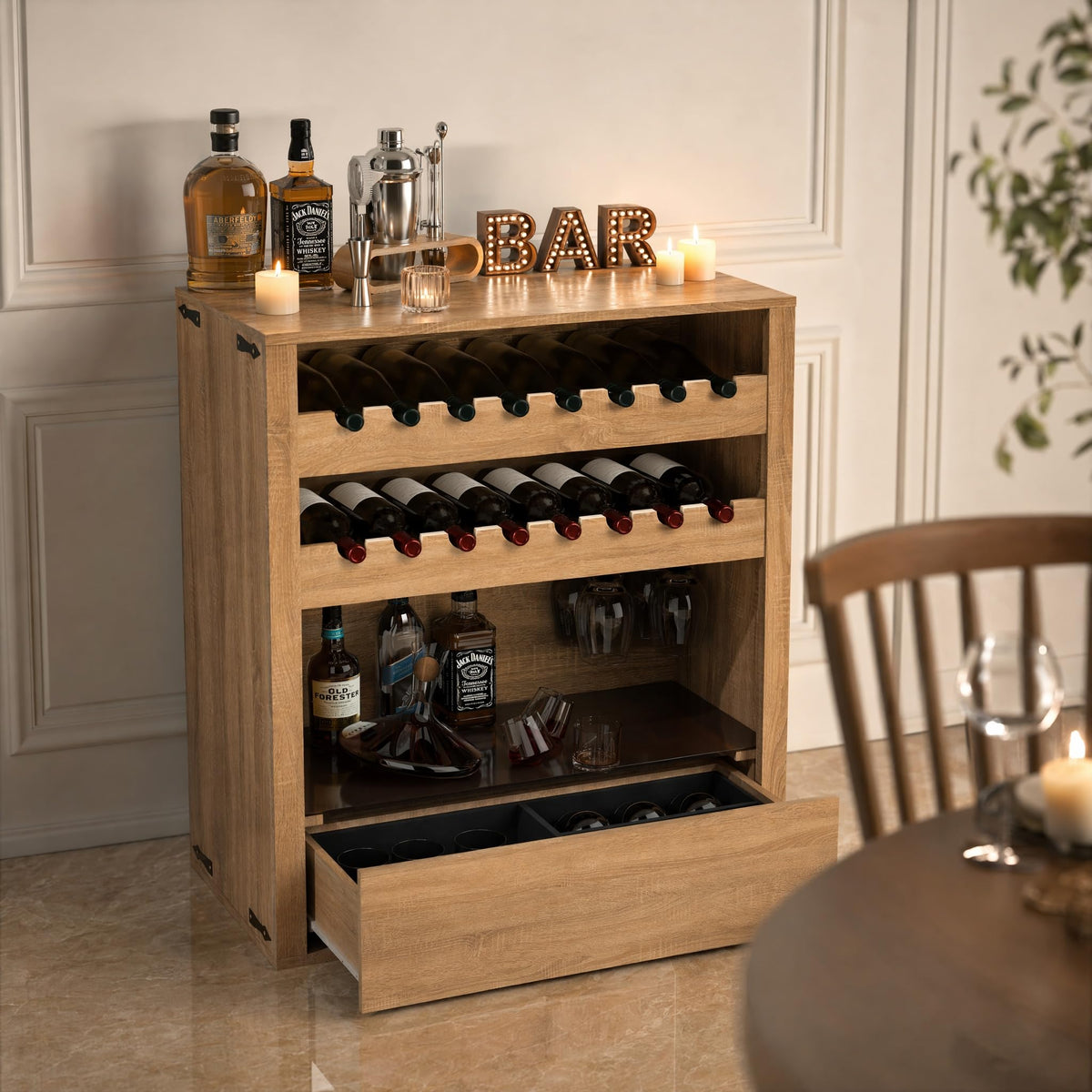 Liquor Cabinet with Wine Rack & Stemmed Holder & Drawer, Walnut
