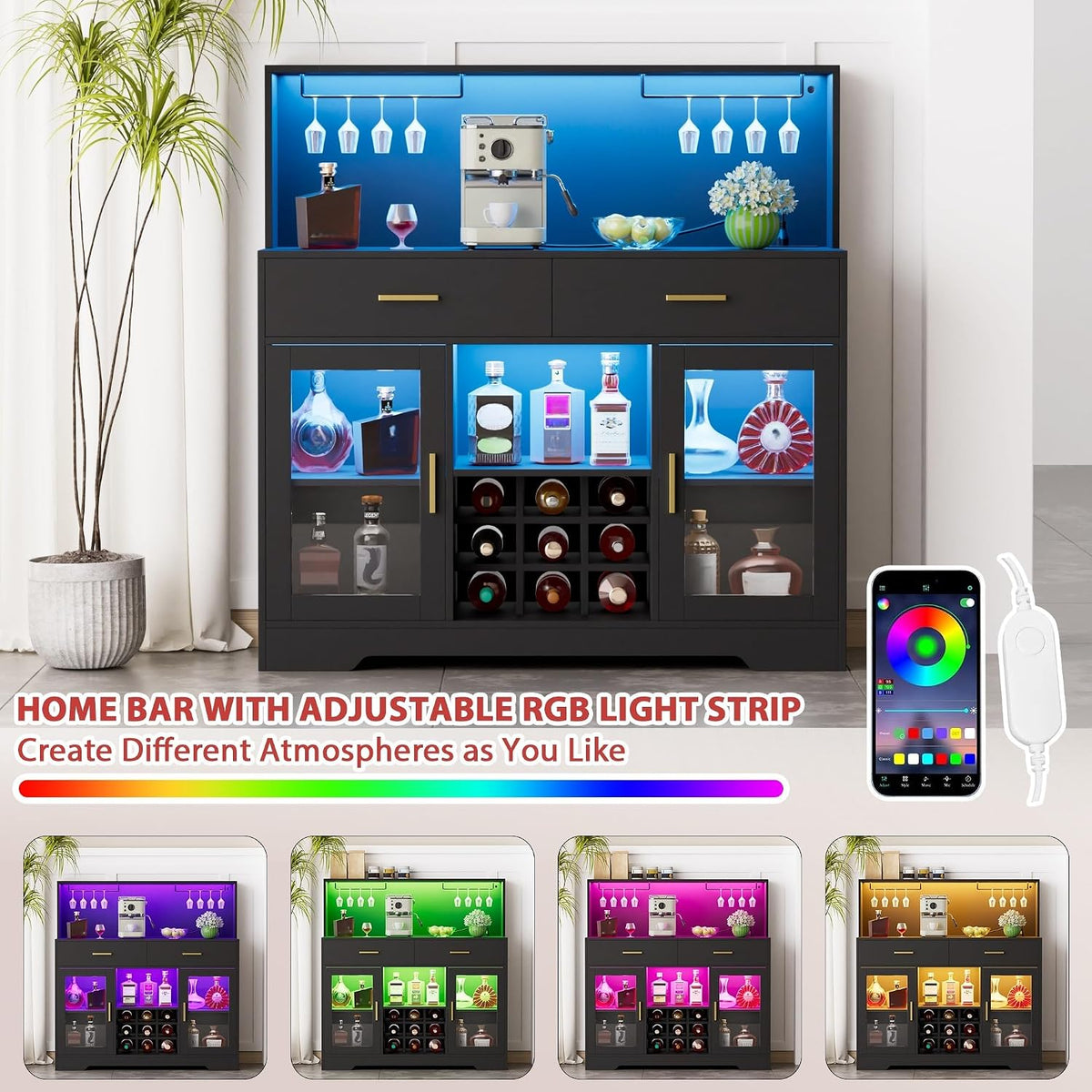 Wine Bar Cabinet with LED Lights, Liquor Cabinet for Home, Coffee Bar Cabinet with Wine Rack and Glass Holder, Black Home Bar Cabinets, Kitchen Buffet Sideboard for Living Room, Dining Room