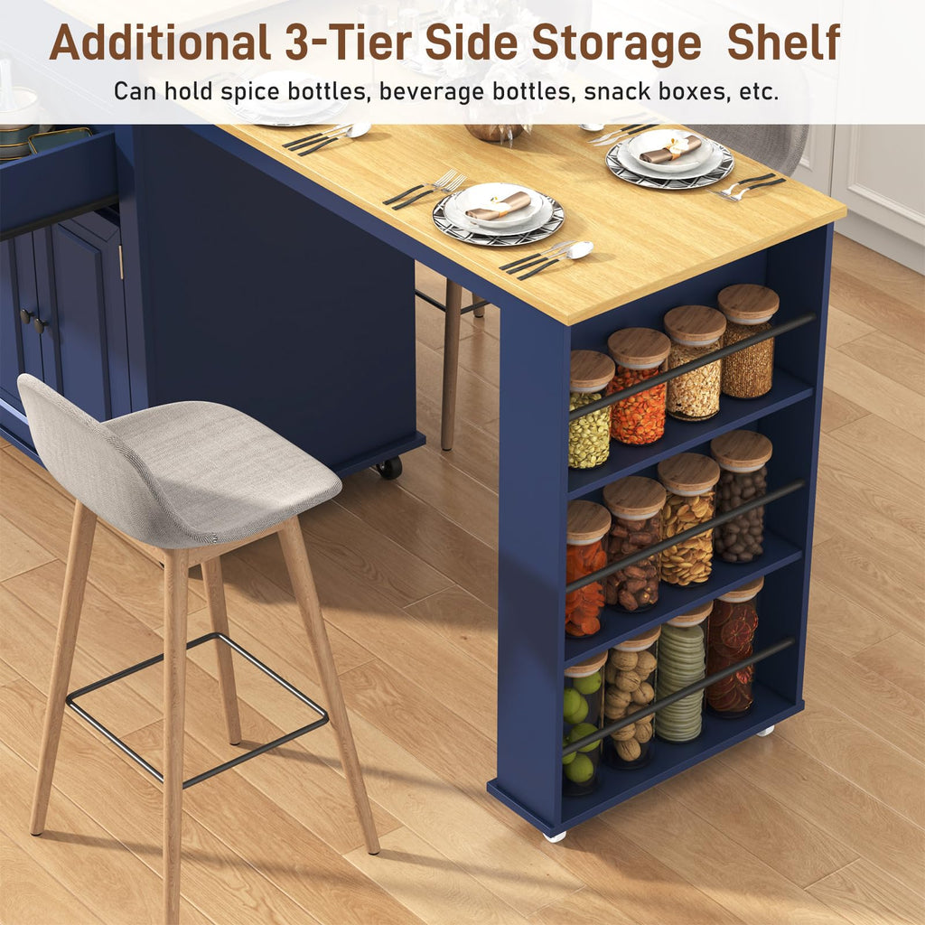 80"-48" Extendable Kitchen Island with Extended Dining Table and Power Outlet,Large Mobile Kitchen Storage Islands with 2 Storage Drawers,Rolling Islands Cart with 3 Extra Rows Open Shelves(Brown)