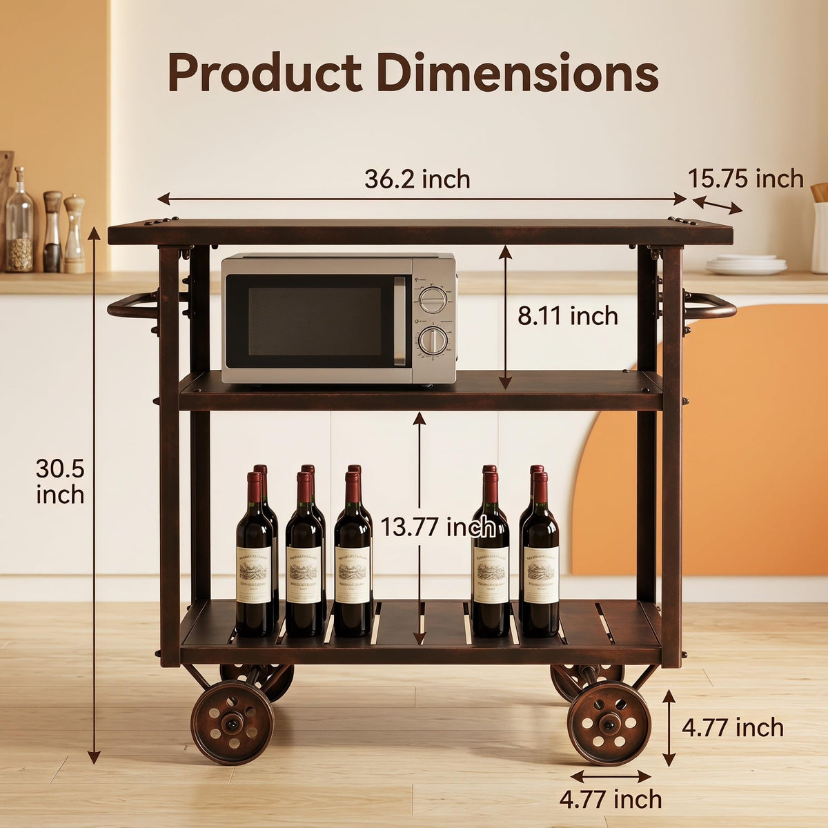 Vintage Rolling Bar Cart on Wheels Industrial Mobile Serving Cart Metal and Wood Design for Kitchen Bar Office Coffee House 36.2" Lx15.75 Wx30.5 H 3 Tier with 2 Side Handle