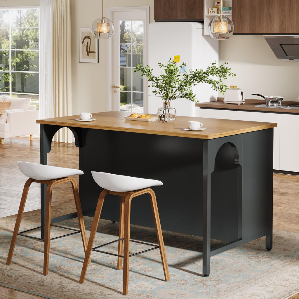Tribesigns Kitchen Island with 3 Storage Shelves, 55" W Kitchen Shelf with Large Countertop and Seating Area, Modern Wooden Coffee Bar Table (White)