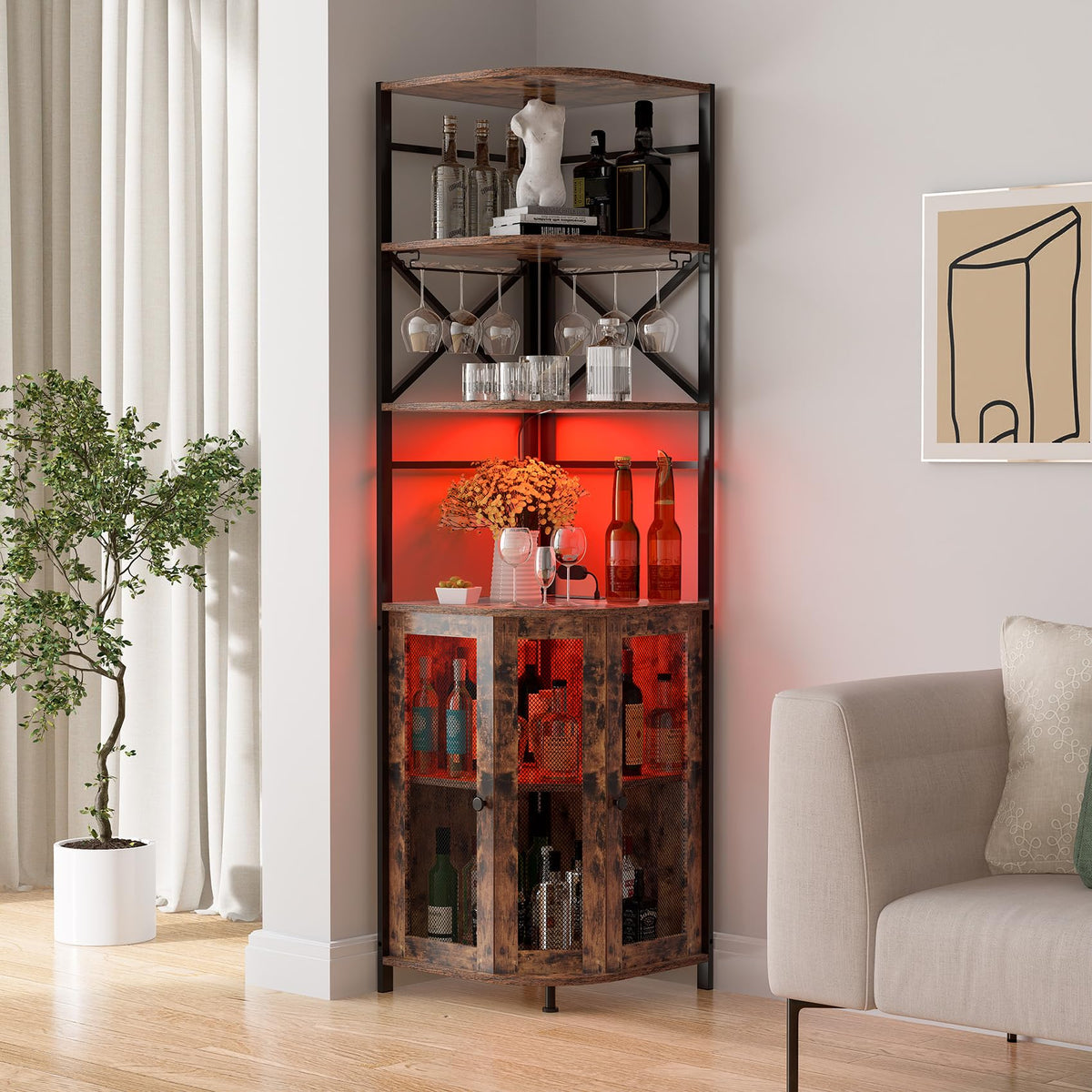 Wine Bar Cabinet with Power Outlet, 6-Tiers Industrial Wine Cabinet with LED Light and Glass Holder, Corner Bar Cabinet with Adjustable Shelf and Mesh Door, Liquor Cabinet Bar for Home