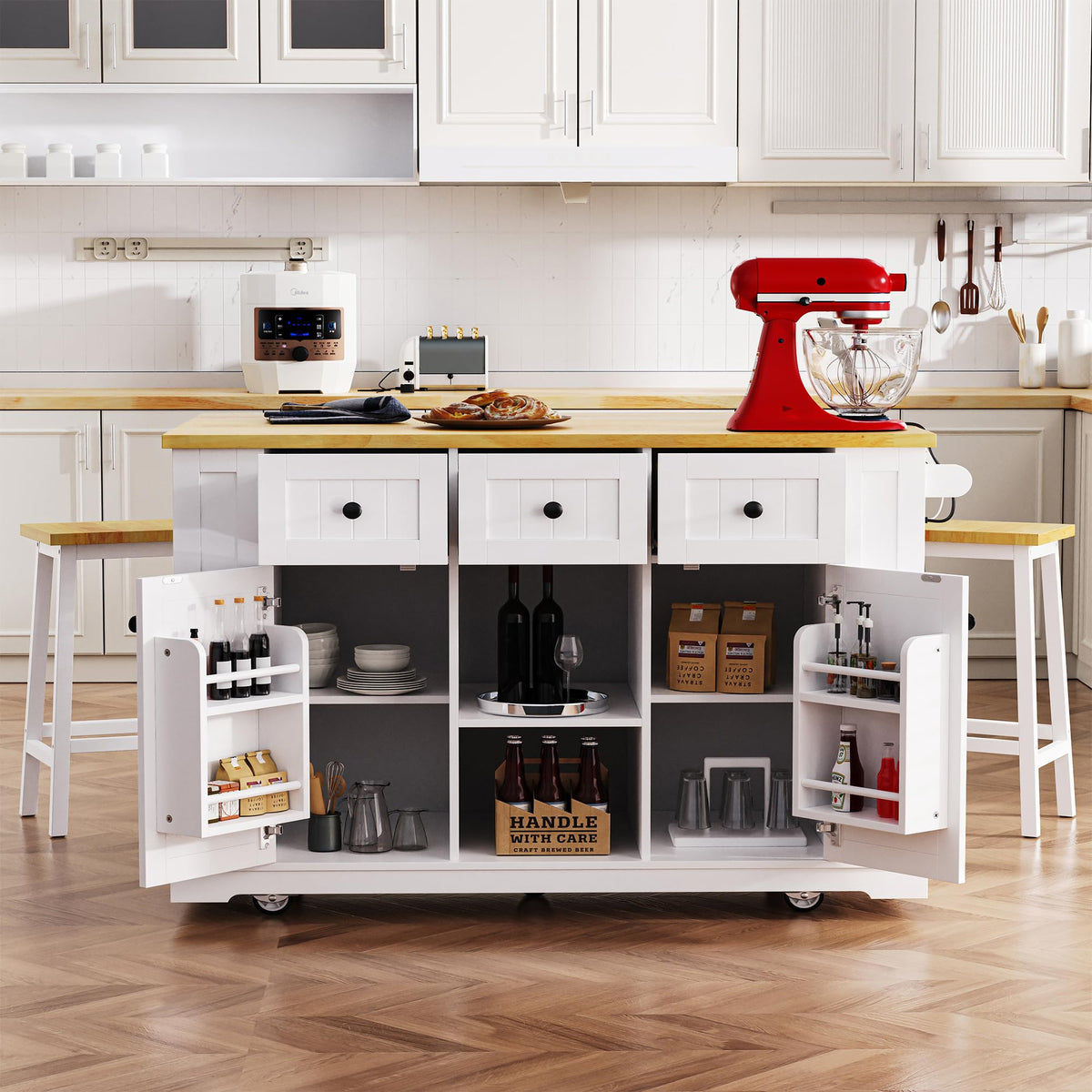 53" Large Kitchen Island with Drop Leaf & Power Outlet, Rolling Kitchen Cart on 5 Wheels with Internal Door Storage Rack, 5 Open Side Racks, 3 Drawers, 2 Doors for Kitchen Dining Room