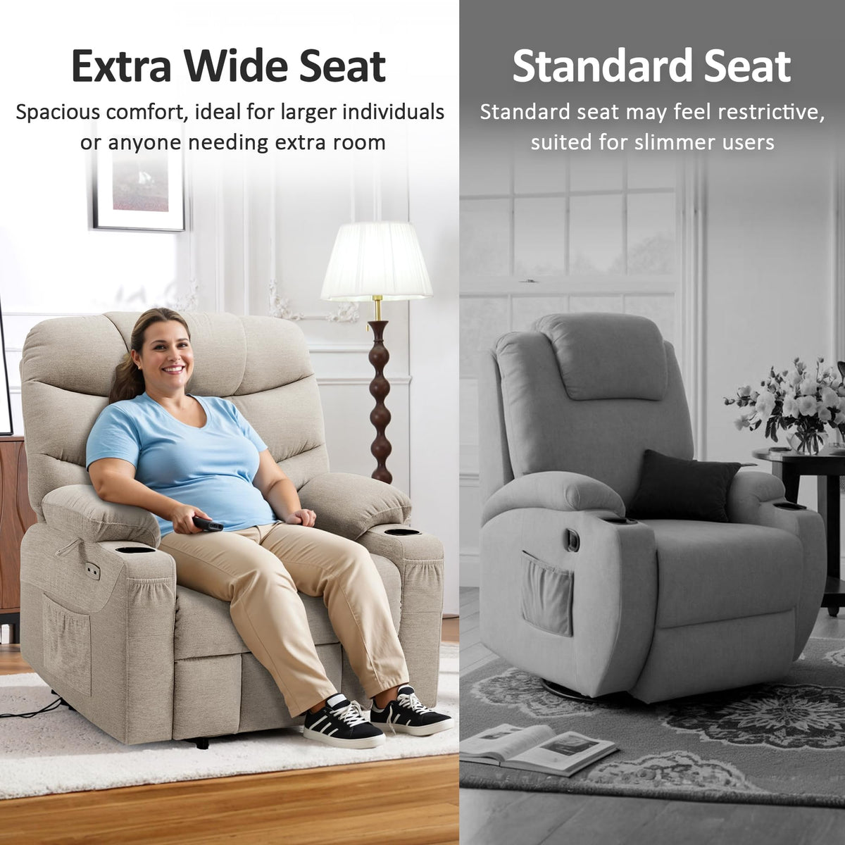 MCombo Power Lift Recliner for Elderly, Fabric 7287 (Light Grey, Medium)