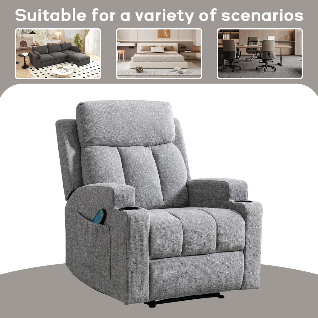 CANMOV Manual Recliner Chair with Massage and Heat, Soft Fabric Recliner Chair with Overstuffed Arm and Back, Manual Reclining Single Sofa with 2 Cup Holders, Side Pocket for Living Room, Dark Grey