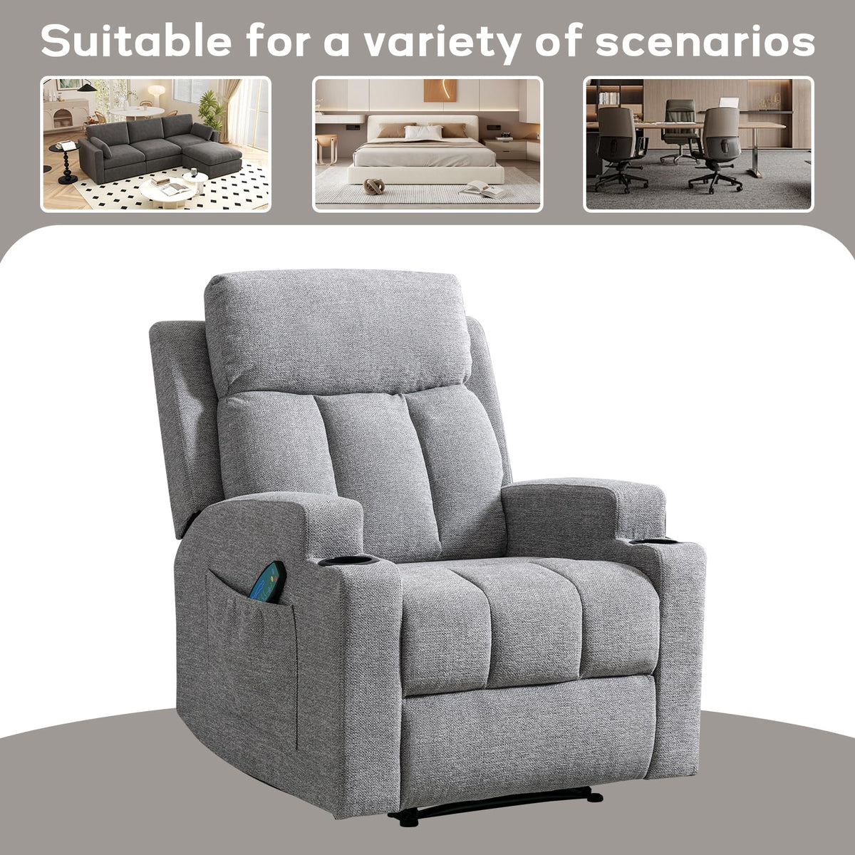 CANMOV Manual Recliner Chair with Massage and Heat, Soft Fabric Recliner Chair with Overstuffed Arm and Back, Manual Reclining Single Sofa with 2 Cup Holders, Side Pocket for Living Room, Dark Grey