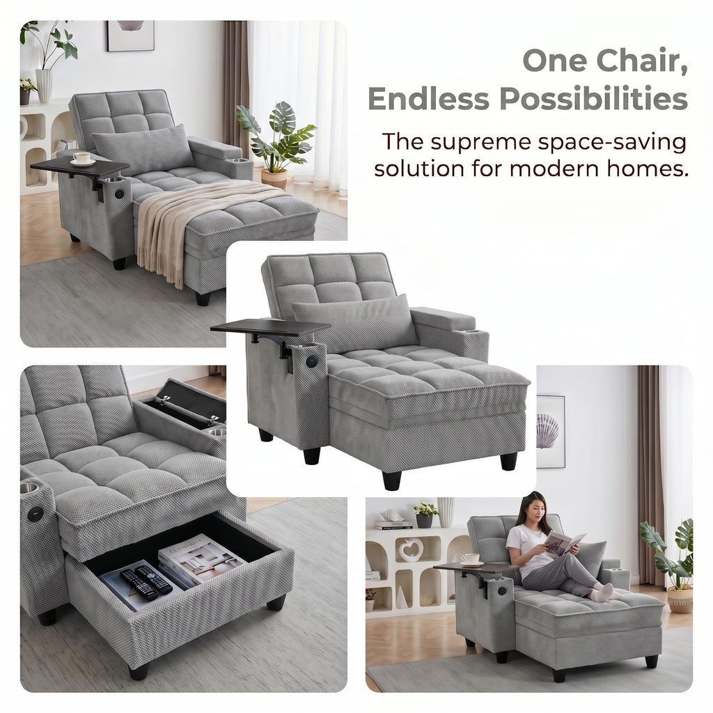 Convertible Sleeper Chair, Pull Out Sofa Bed with Adjustable Backrest & Hidden Storage Armrest, Single Sofa Recliner with USB Charging Port & Cup Holders for Living Room, Bedroom, Dark Gray