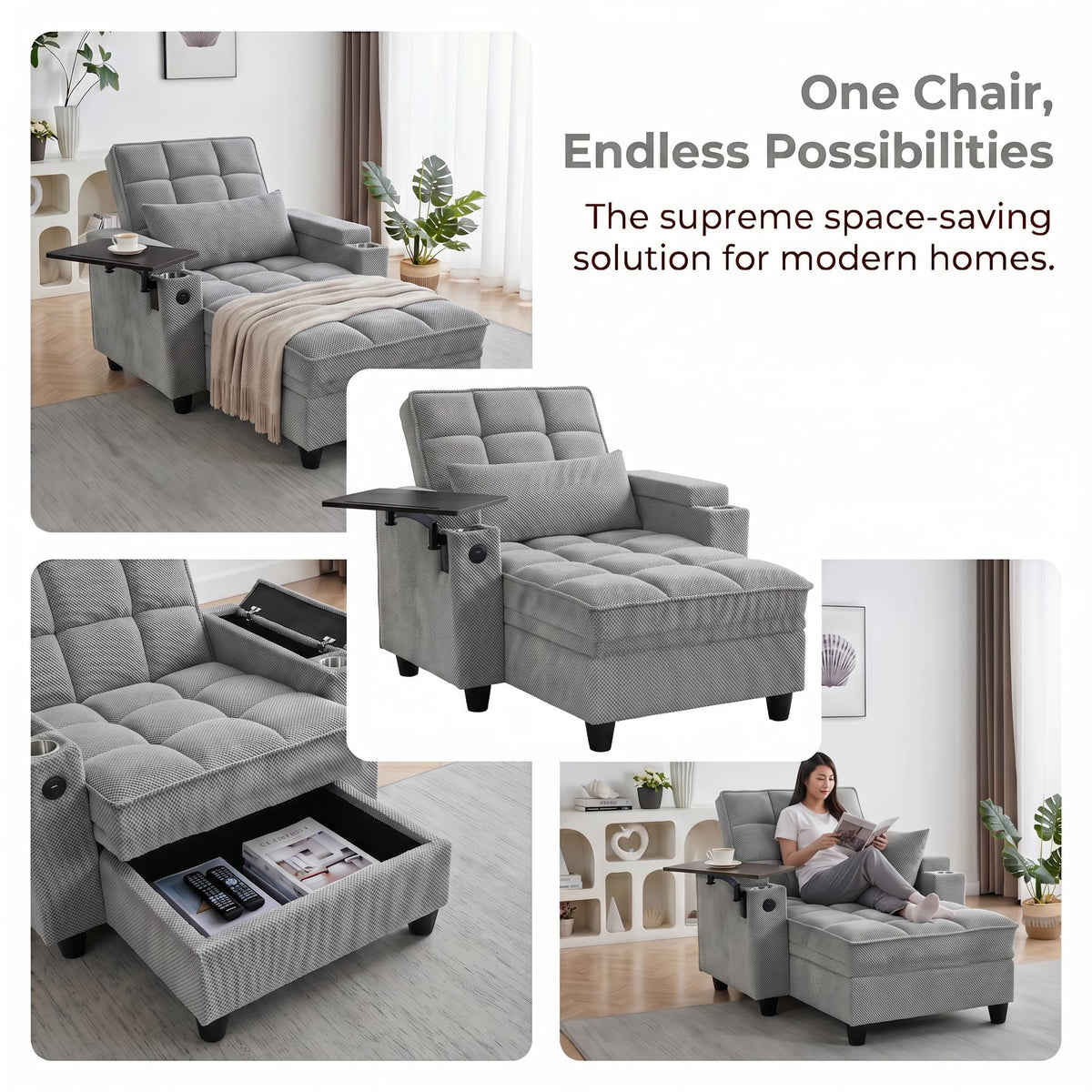 Convertible Sleeper Chair, Pull Out Sofa Bed with Adjustable Backrest & Hidden Storage Armrest, Single Sofa Recliner with USB Charging Port & Cup Holders for Living Room, Bedroom, Dark Gray