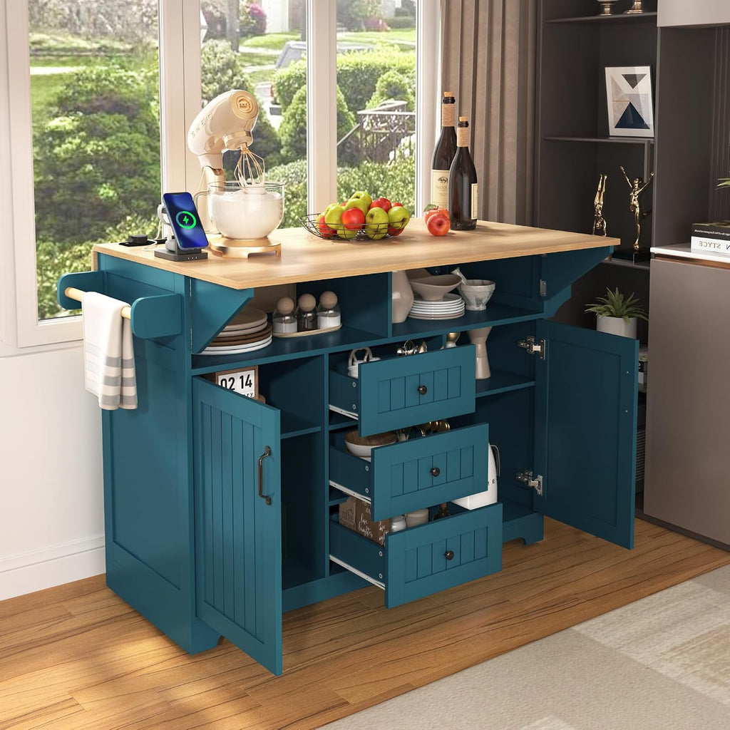 55.7'' Kitchen Island with 2 Drop Leaf for 4-6 Seating, Rolling Kitchen Cart with Power Outlet, 3 Drawers, Spice & Towel Rack, Folding Dining Table for Home Dining Room (Teal)
