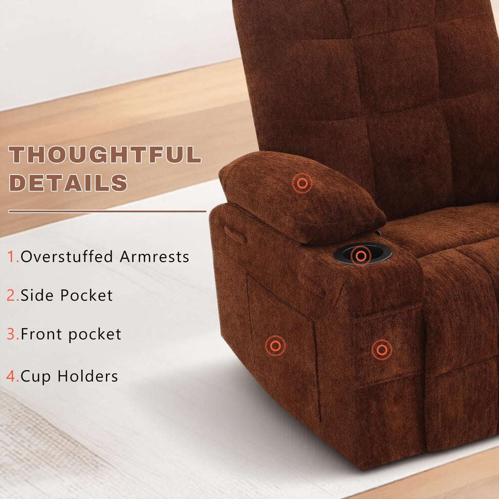 Swivel Rocker Recliner Chair,Recliner Single Sofa with Cup Holders, Manual Nursery Rocking Chair with Side Pockets, Modern Upholstered Recliner for Living Room,Apartment,Home Theater(Black)