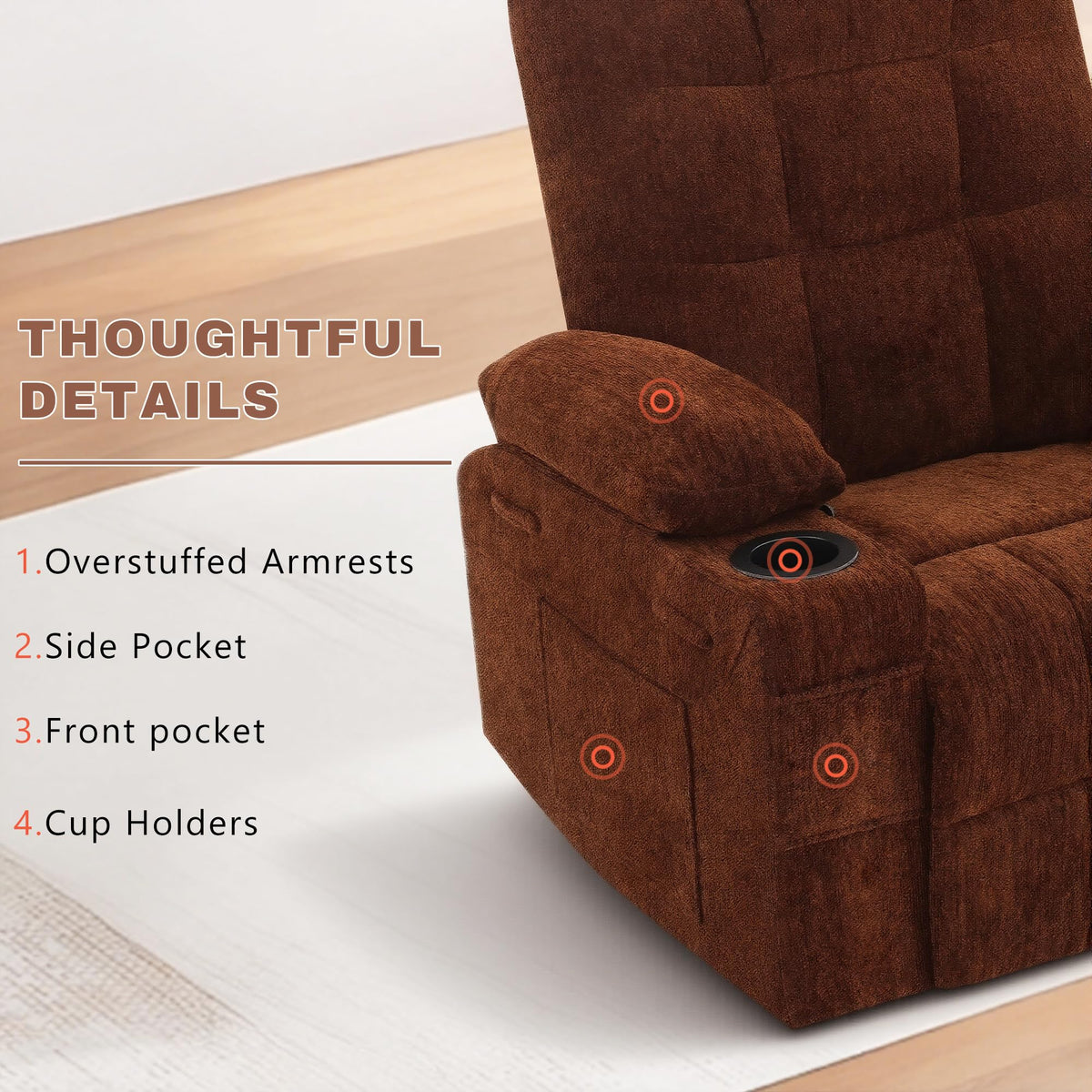 Swivel Rocker Recliner Chair,Recliner Single Sofa with Cup Holders, Manual Nursery Rocking Chair with Side Pockets, Modern Upholstered Recliner for Living Room,Apartment,Home Theater(Black)