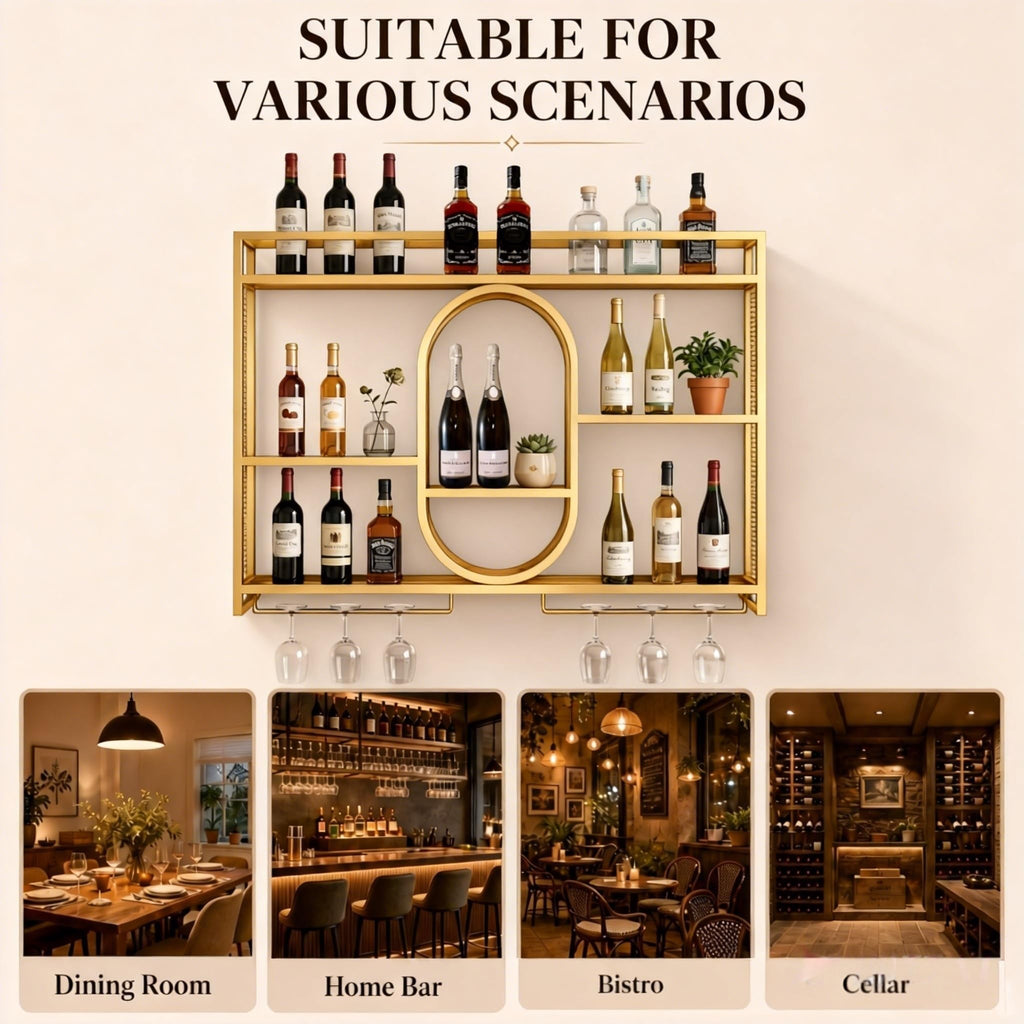 39" Upgrade Metal Wall Mounted Wine Rack, 3-Tier Large Capacity Hanging Bar Shelf, Modern Liquor Wall Shelves for Home & Dining, Gold