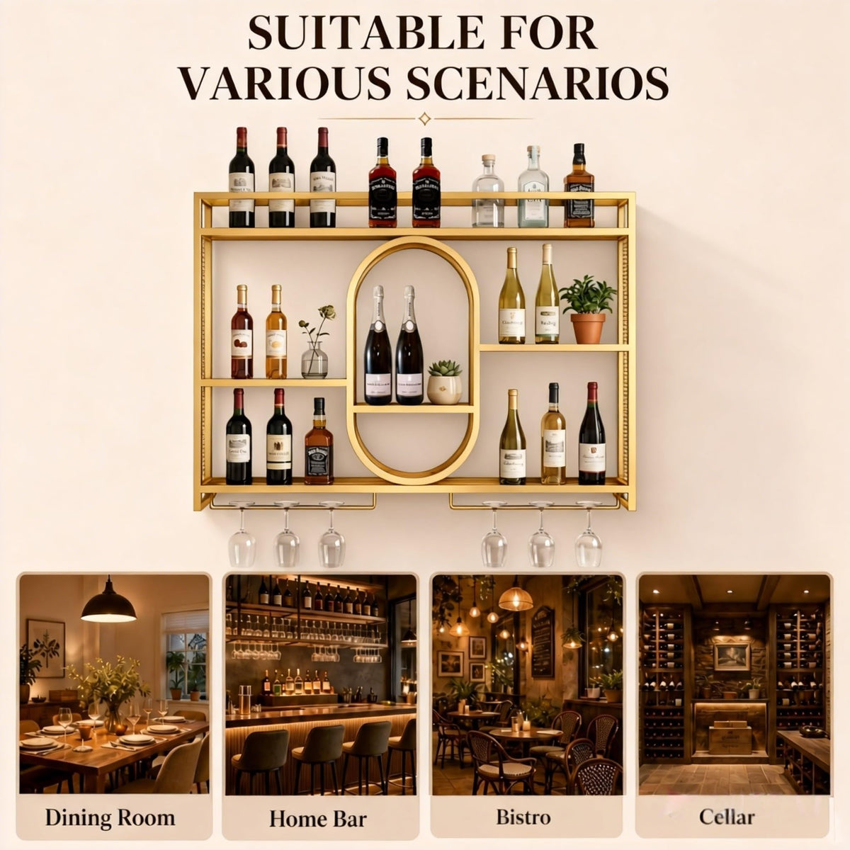 39" Upgrade Metal Wall Mounted Wine Rack, 3-Tier Large Capacity Hanging Bar Shelf, Modern Liquor Wall Shelves for Home & Dining, Gold