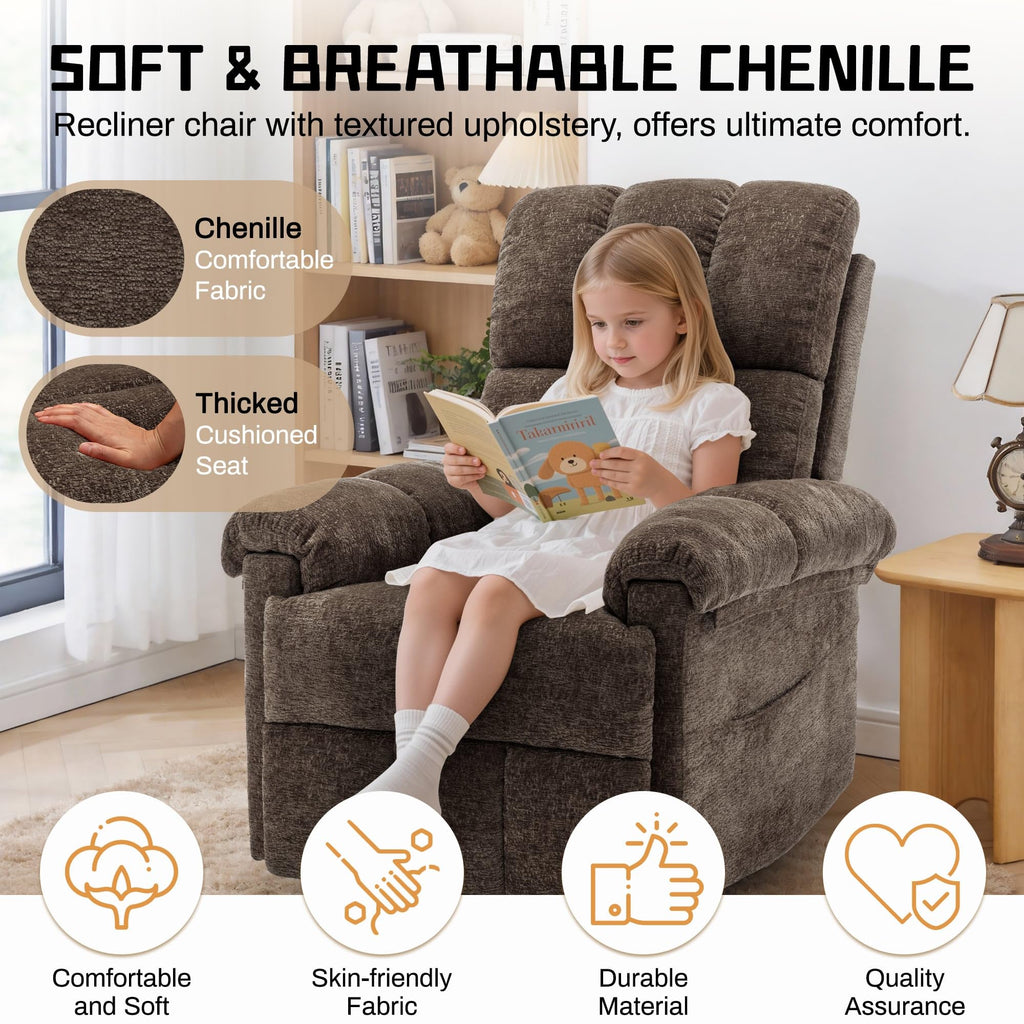 Korser Recliner Chair, Living Room Recliner Chairs for Adults, Small Recliners for Small Spaces, Upholstered Manual Recliner with Side Pockets, Comfy Nursery Chair for Living Room, Chenille, Beige