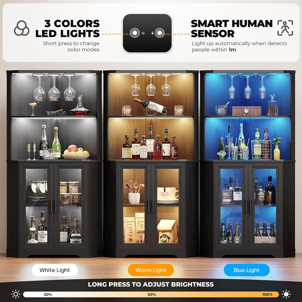 65" Tall Corner Bar Cabinet with LED Lights & Glass Holder