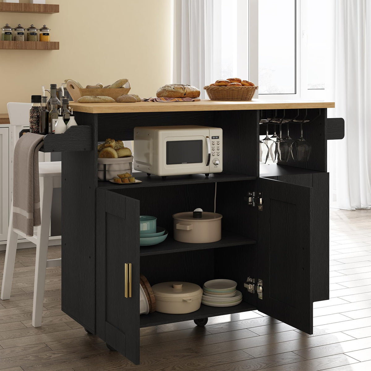 ASTRONAPE Rolling Kitchen Island Cart with Storage, Mobile Kitchen Island with Power Outlet, Large Wood Top, Drawers & Cabinets for Dining Room (White, Model 1)