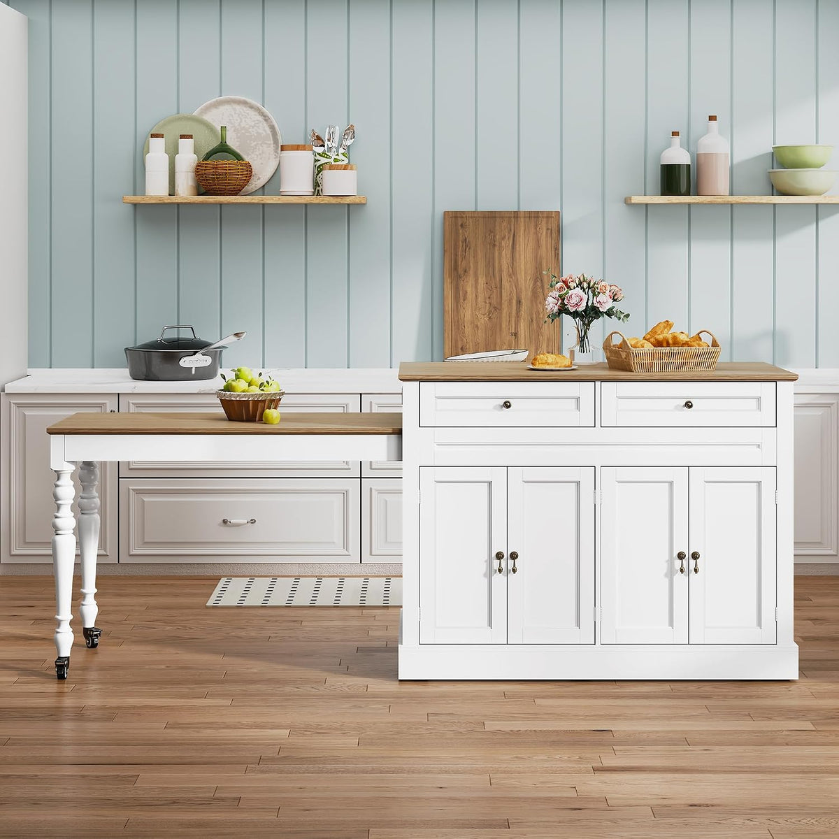HLR 94.8" Kitchen Island with Extendable Table & Power Outlet, White