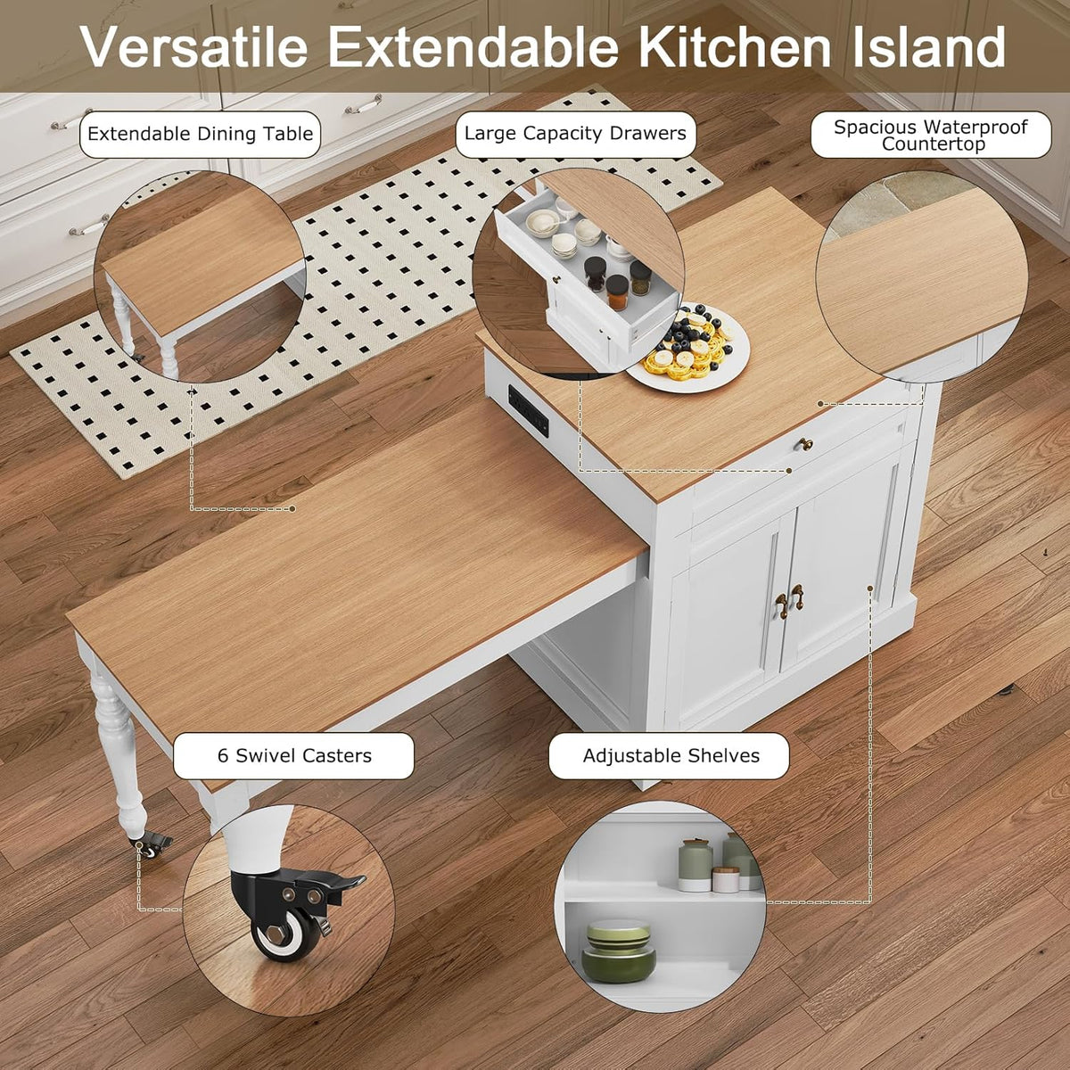 HLR 72" Kitchen Island with Extendable Table for 2-4, Island Table for Kitchen with Power Outlet and Storage Slide Out Legs, Rolling Islands Cart with 2 Doors (White)