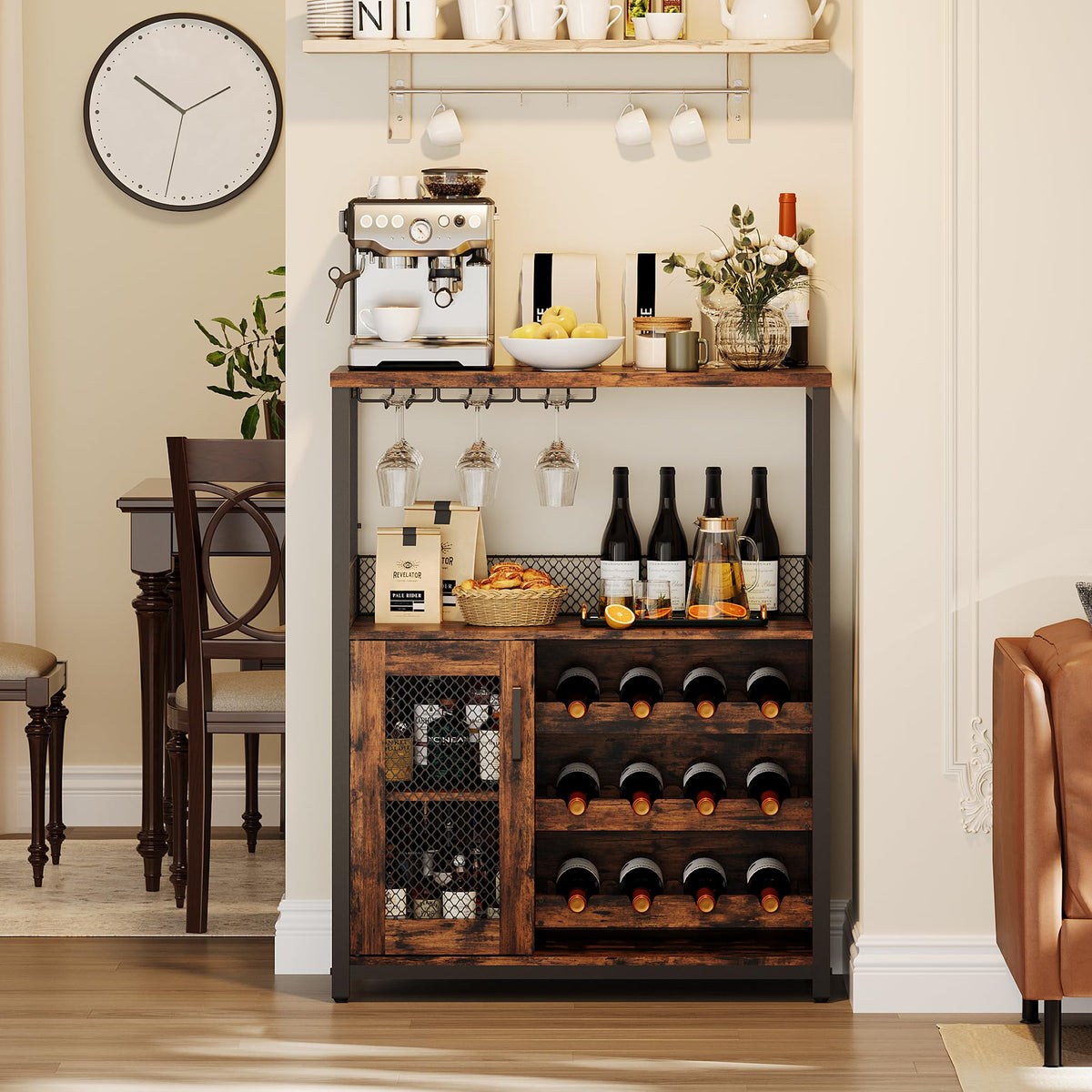 Wine Bar Cabinet, 3-Tier Detachable Wine Rack, Stemware Glass Holder, Mesh Door & Storage Shelves, Liquor Storage Buffet Sideboard for Kitchen, Dining Room, Living Room or Home Bar - Black