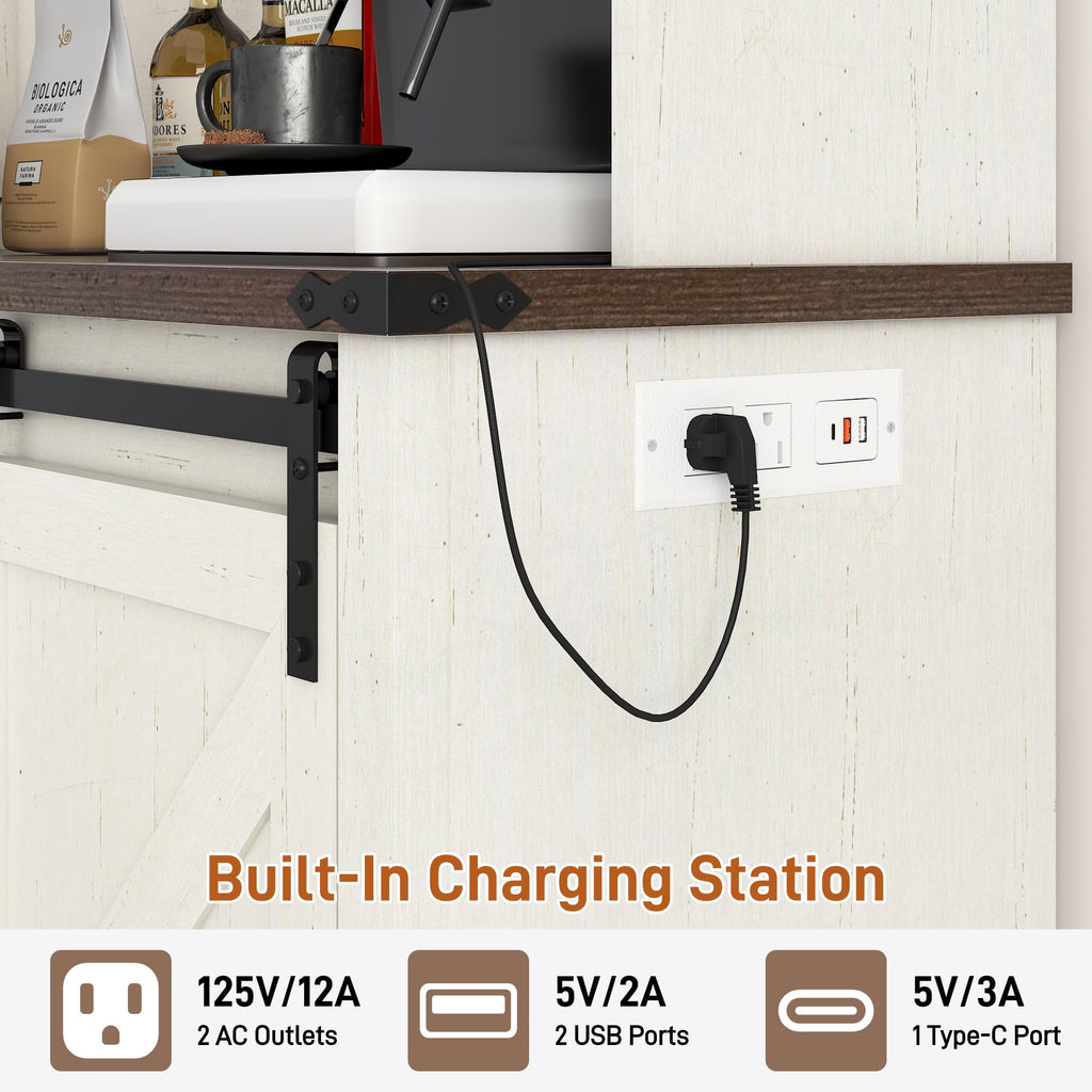 Farmhouse Coffee Bar Cabinet with LED Light, Charging Station, Brown