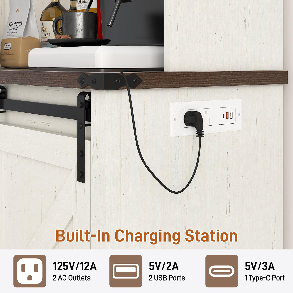 Farmhouse Coffee Bar Cabinet with LED Light, Charging Station, Brown