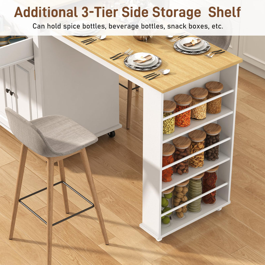 80"-48" Extendable Kitchen Island with Extended Dining Table and Power Outlet,Large Mobile Kitchen Storage Islands with 2 Storage Drawers,Rolling Islands Cart with 3 Extra Rows Open Shelves(Brown)