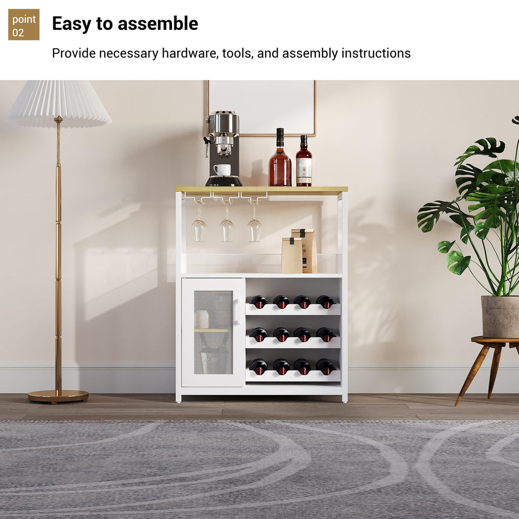 3-Tier Wine Bar Cabinet with Removable Wine Rack, Liquor Storage Cabinet with Glass Holder & Mesh Door, Coffee Bar Sideboard Buffet for Living Room or Dining Room, Gray
