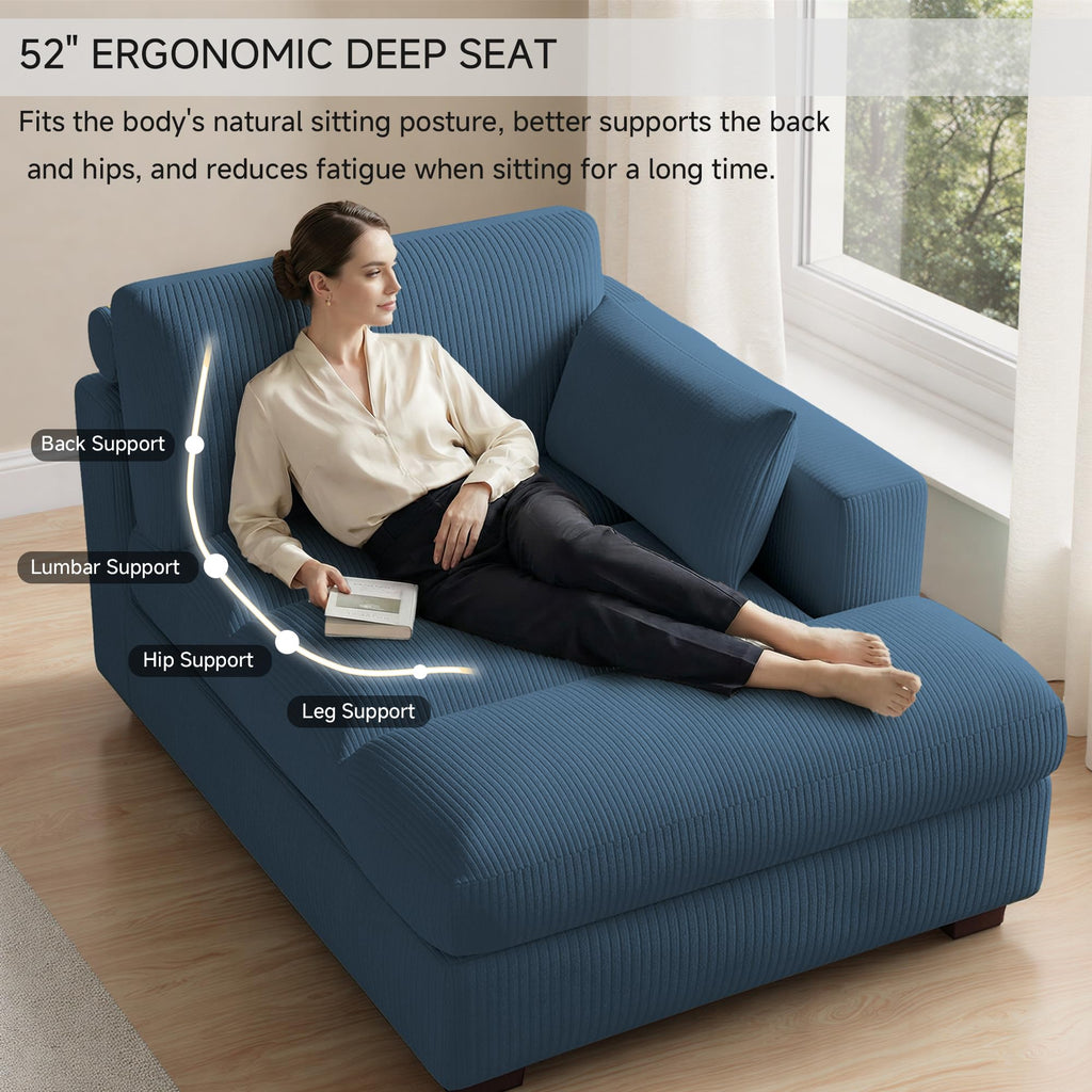Oversized Corduroy Chaise Lounge Chair with Right Armrest & Cushion, Comfy Upholstered Sleeper Sofa Indoor Recliner Seat Solid Wood Couch w/Washable Cover for Bedroom, Living Room - Orange