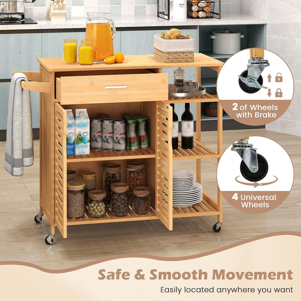 Bamboo Kitchen Island Cart with Storage, Rolling Butcher Block
