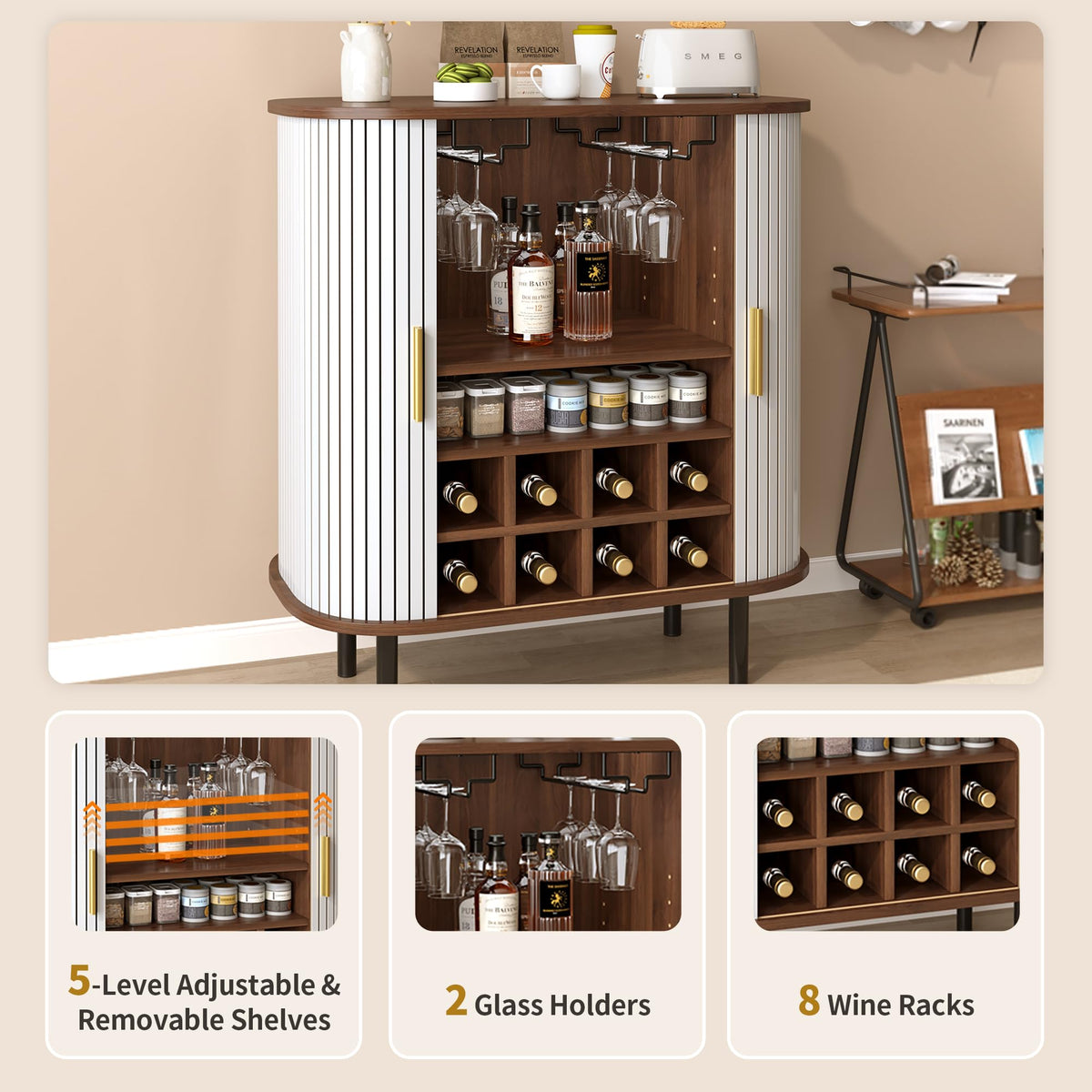 Natural Wine & Coffee Bar Cabinet with Gold Handle & Sliding Tambour Doors,Modern Curved Liquor Cabinet Coffee Station with 8*Wine Rack & 2*Glass Holders,5-Level Adjustable Shelf & Side Hidden Storage