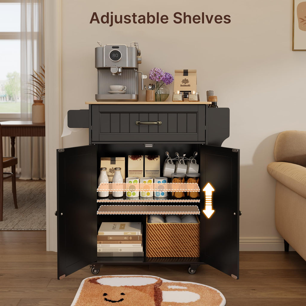Gizoon Kitchen Island Cart with Adjustable Shelf, White, Tabletop-Oak Color