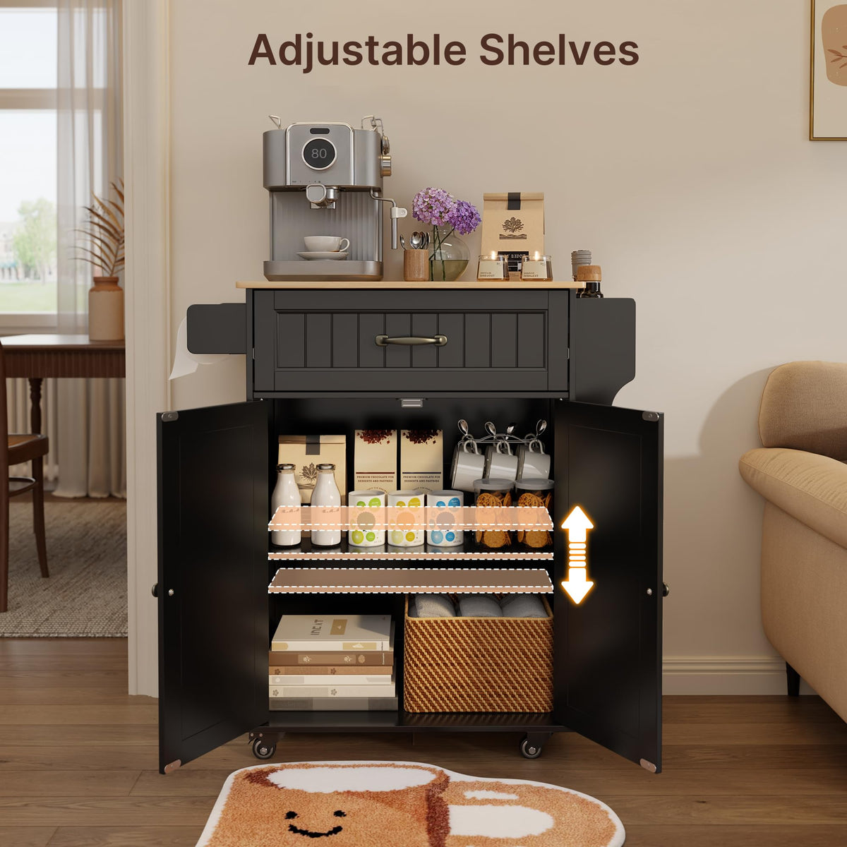 Gizoon Kitchen Island Cart with Adjustable Shelf, White, Tabletop-Oak Color