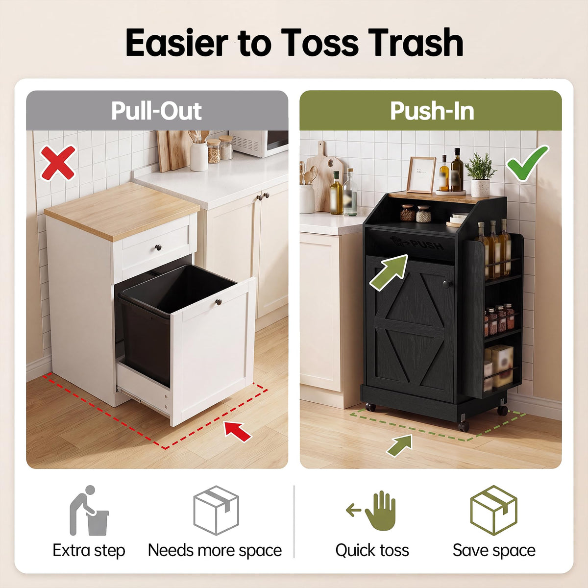 YESHOMY Kitchen Island on Wheels with Trash Cabinet, White & Brown