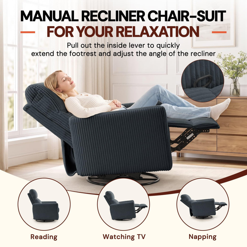 Korser 360Â° Swivel Glider Rocker Manual Recliner, High Back Corduroy Recliner with Curved Armrests, Beige Nursery Rocking Reclining Chair for Living Room Bedroom Adults