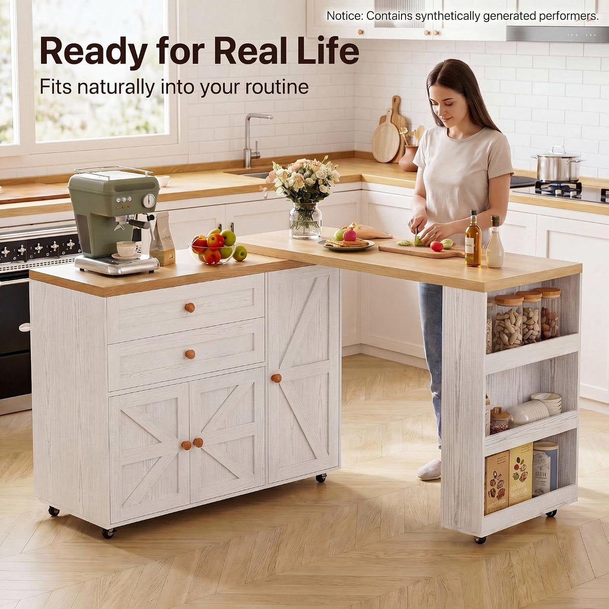 IRONCK Rolling Kitchen Island with 360Â° Swivel Table and Storage, White