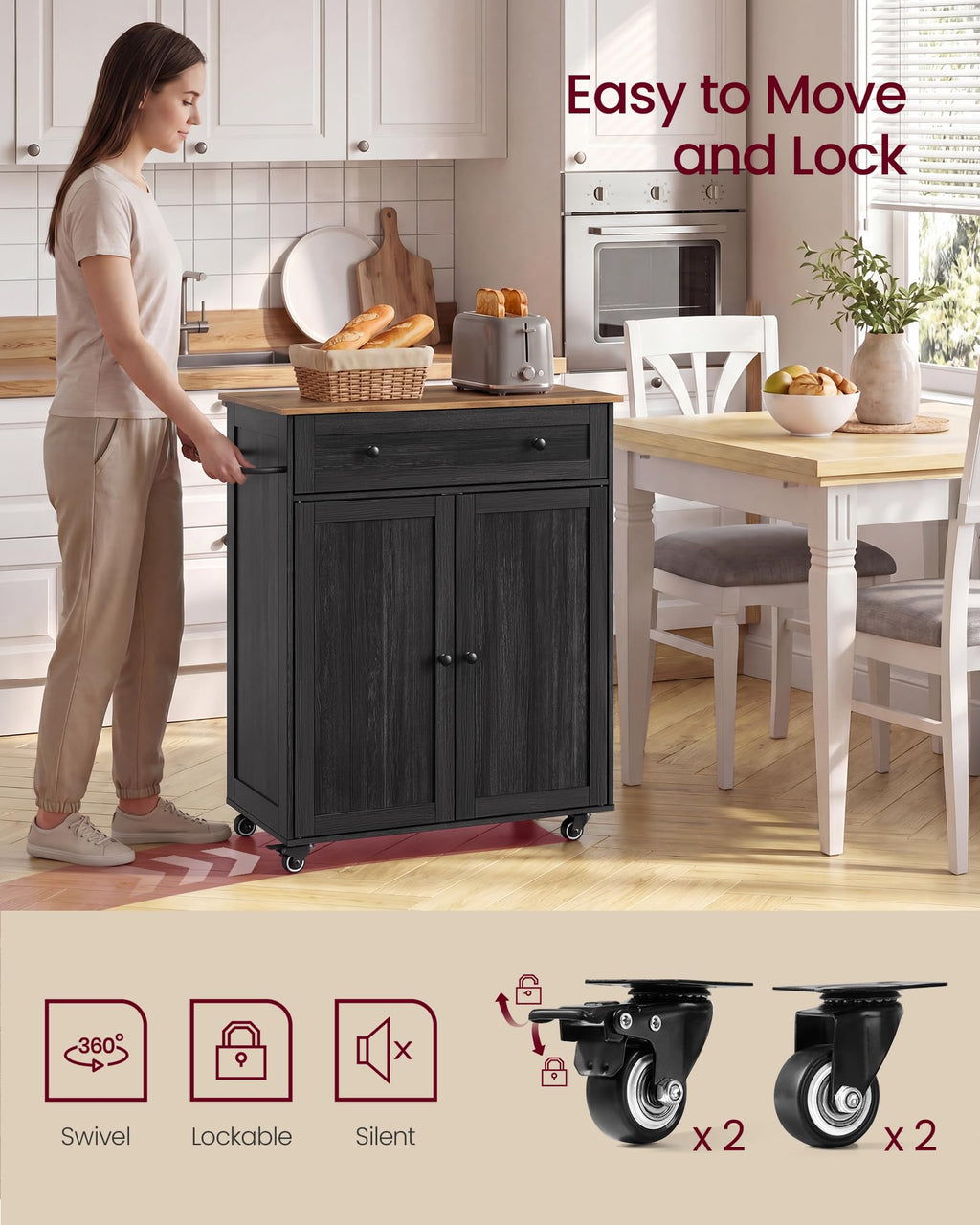 VASAGLE Mobile Kitchen Wooden Island Cart with Storage for Dining Room