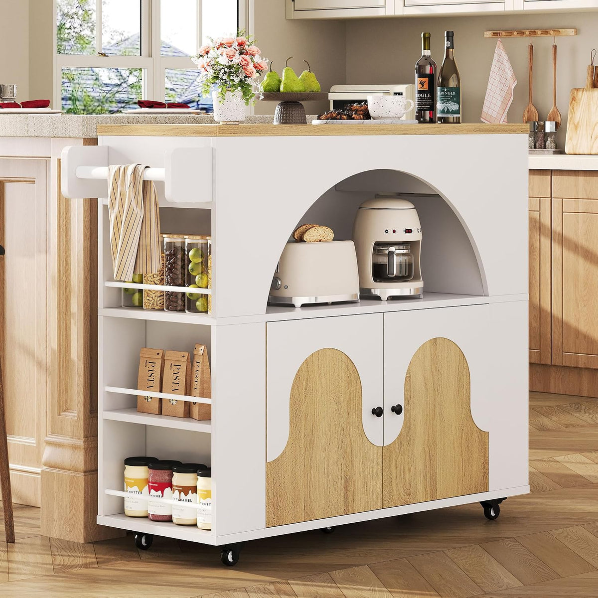 IRONCK 41.3" Kitchen Island with Drop Leaf &Open Shelf, White & Natural