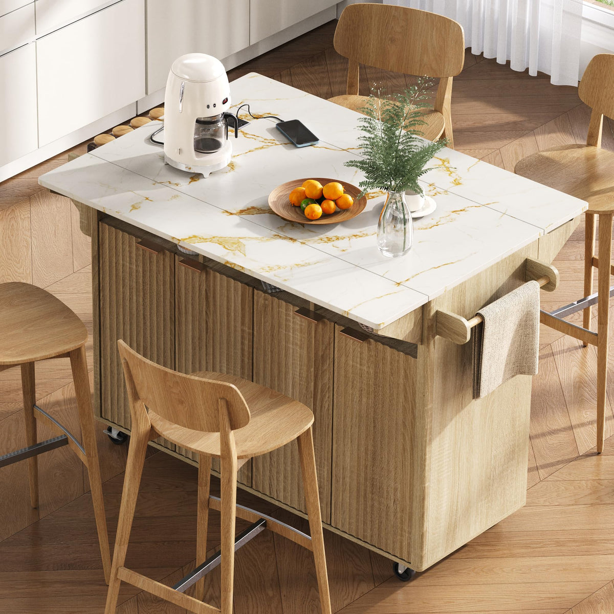 Large Fluted Kitchen Island Cart on Wheels with Storage, Natural