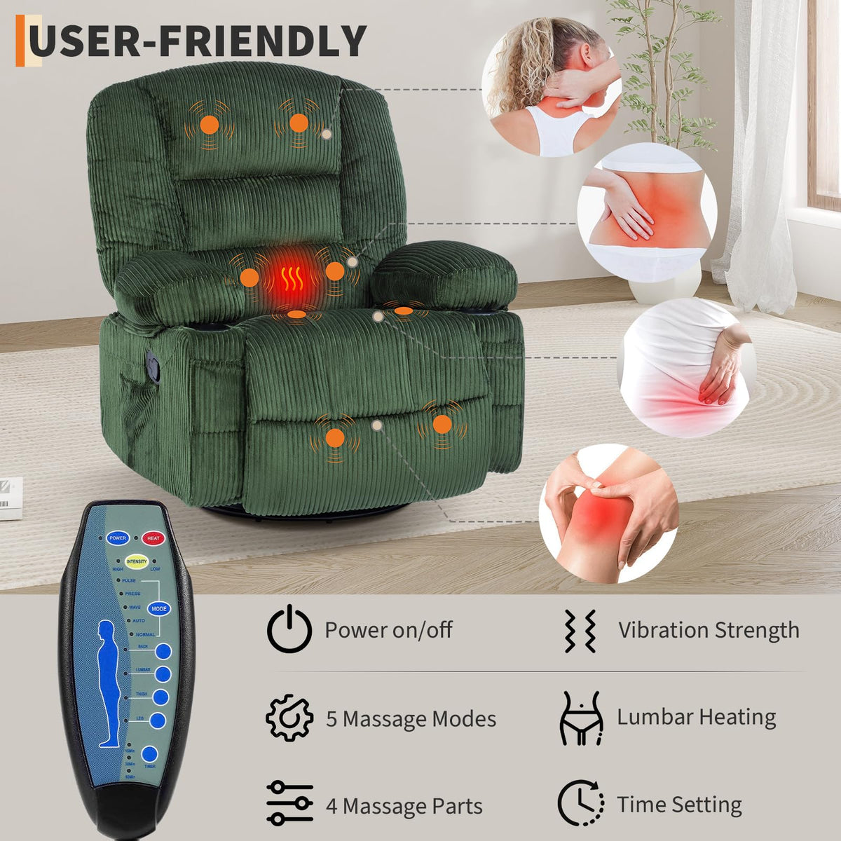 Garvee Oversized Recliner Chair,Extra Wide 360Â° Swivel Rocker Massage Heat