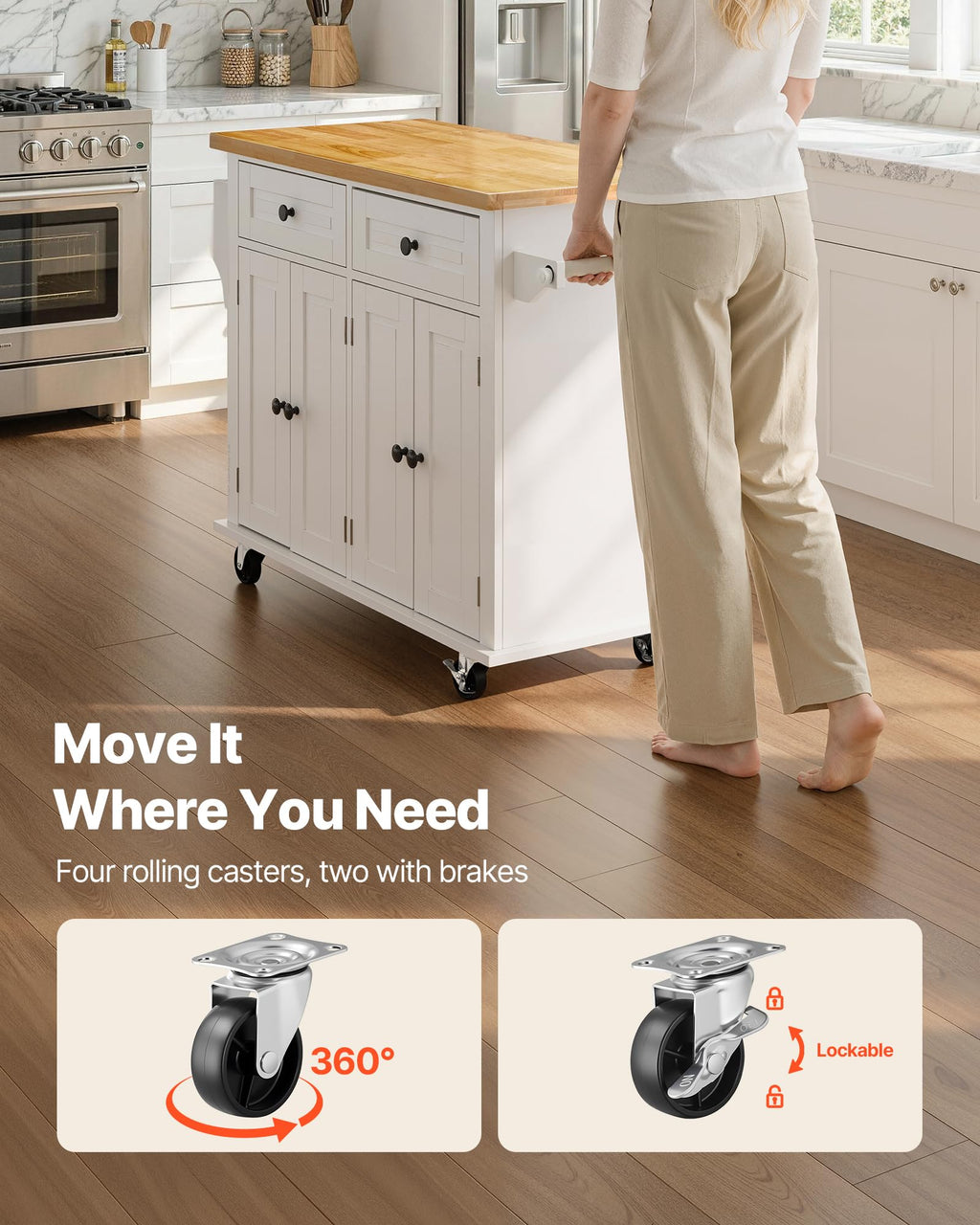 VEVOR Kitchen Island Cart with Storage, 47.64 in Wide Mobile Rolling Storage Island on Swivel Wheels, with 2 Drawers, Storage Cabinet, Drop Leaf, Towel Rack, Table for Home Dining Room, White