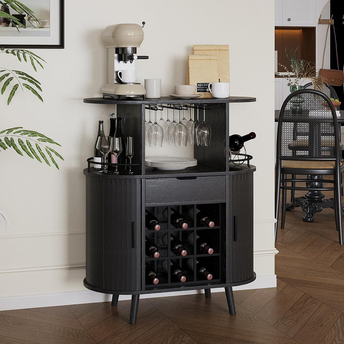 31.5" Black Bar Cabinet with Wine Rack & Sliding Door