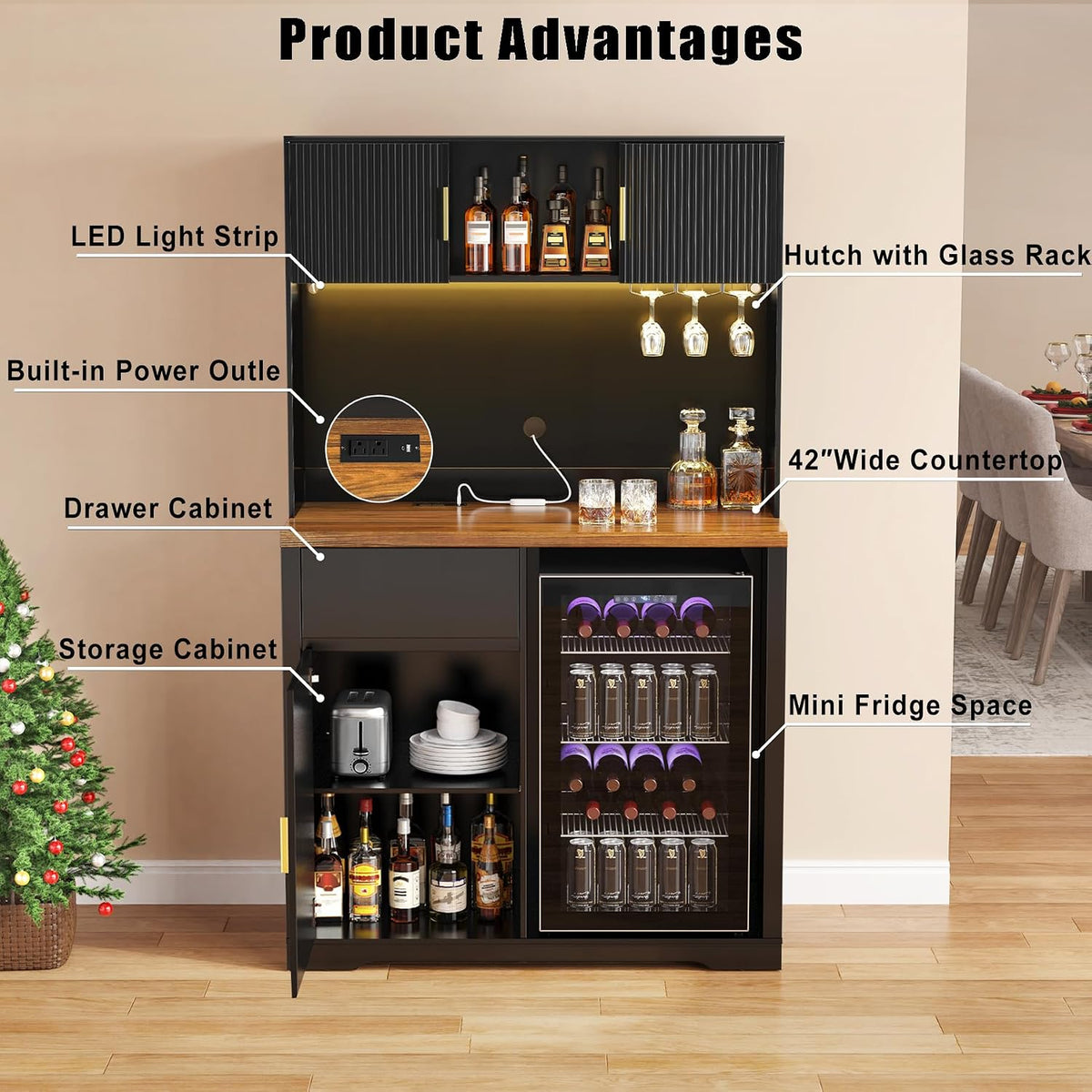GDLF 72" Tall Coffee Bar Cabinet with Fridge Space, Fluted Liquor Home Bar